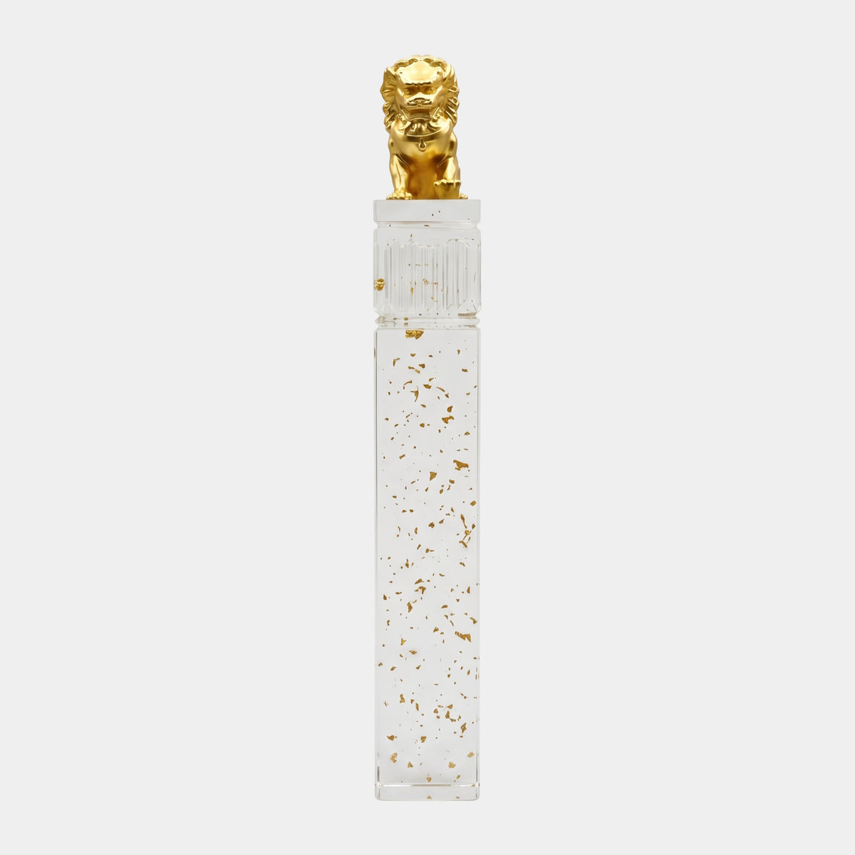 Gold Guardian Lion on a Gold-Flecked Column Resin Sculpture, 151cm, gilded lion atop a clear fluted-band column on a plain white background.