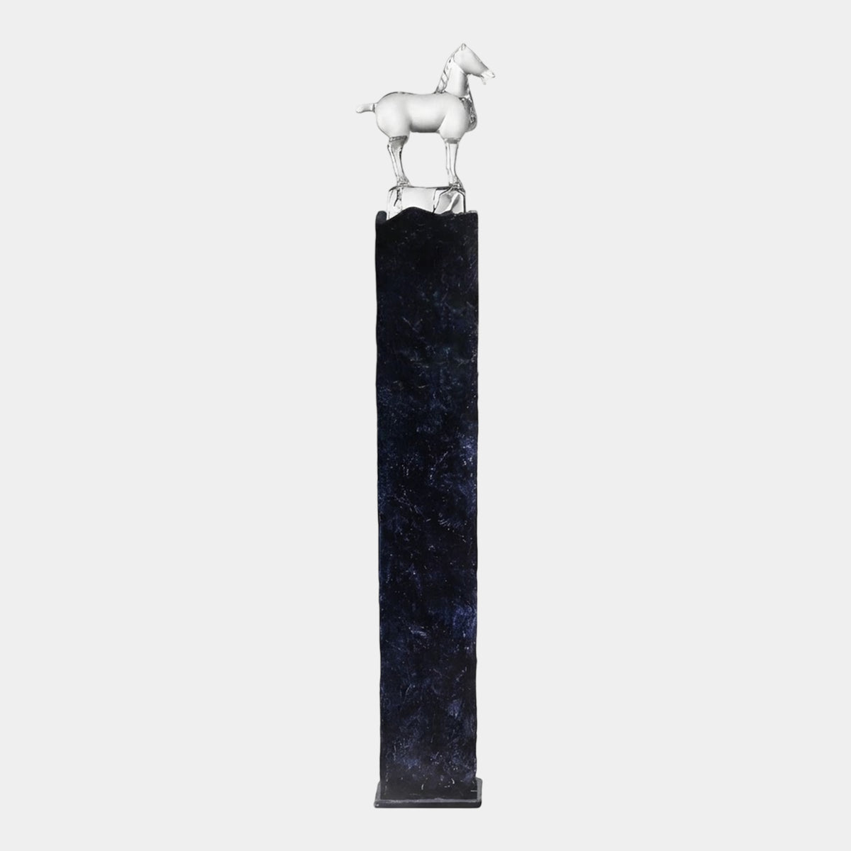 Clear Horse on a Dark Fibreglass Column Resin Sculpture - 191cm, a polished clear horse atop a rough dark blue-black column, shown against a plain white background.