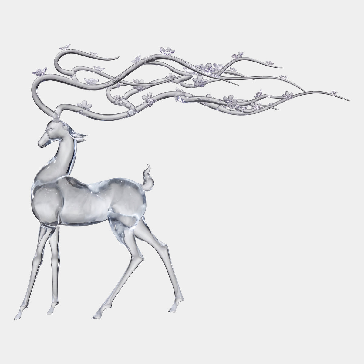 Clear Blossom-Antlered Deer Cast Resin Sculpture, 90cm, standing deer with horizontal antlers trailing blossom branches, shown on a plain white background.