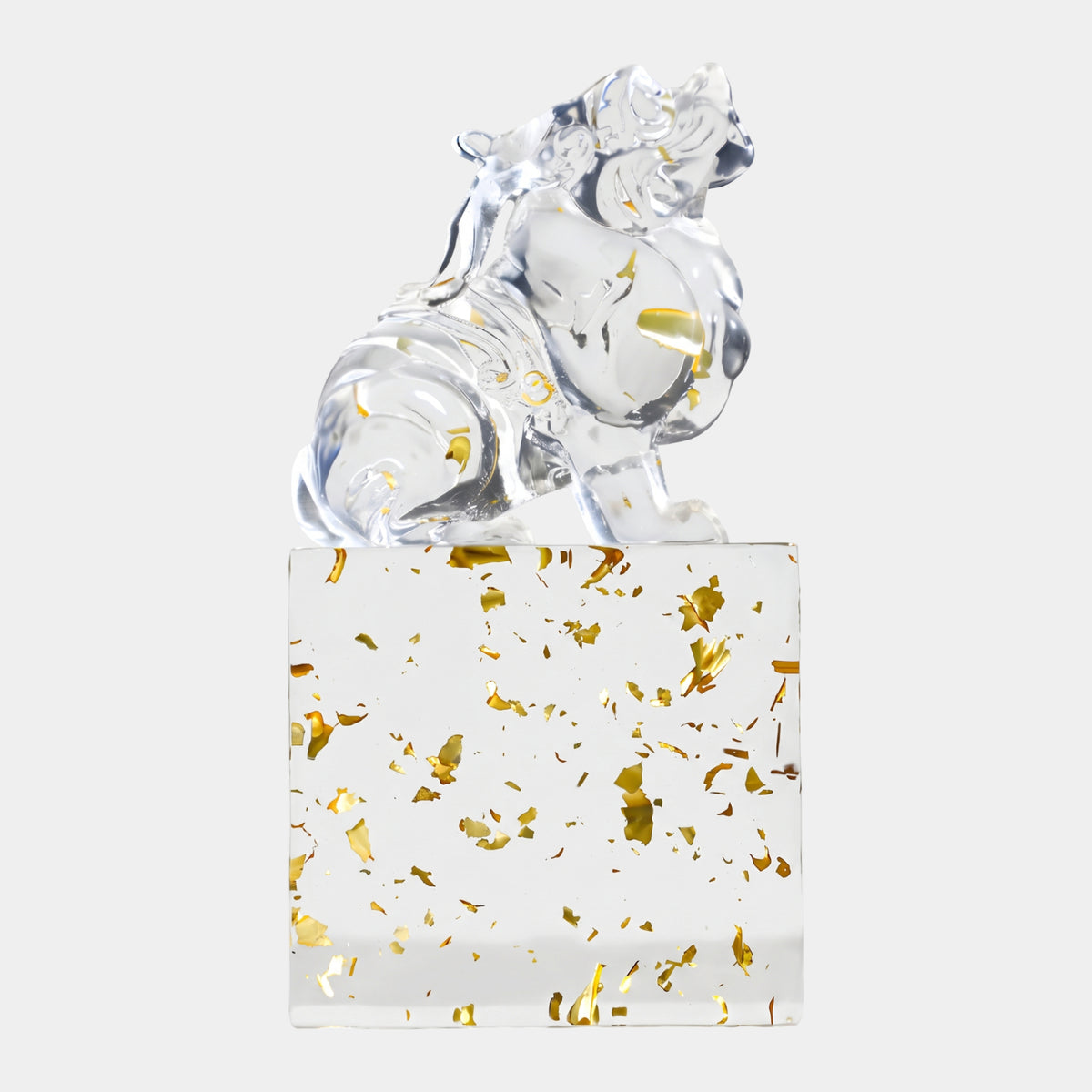 Clear Seated Dog on Gold-Flecked Resin Block, 29cm, a clear resin dog with gold flecks atop a matching gold-speckled block, shown on a plain white background.