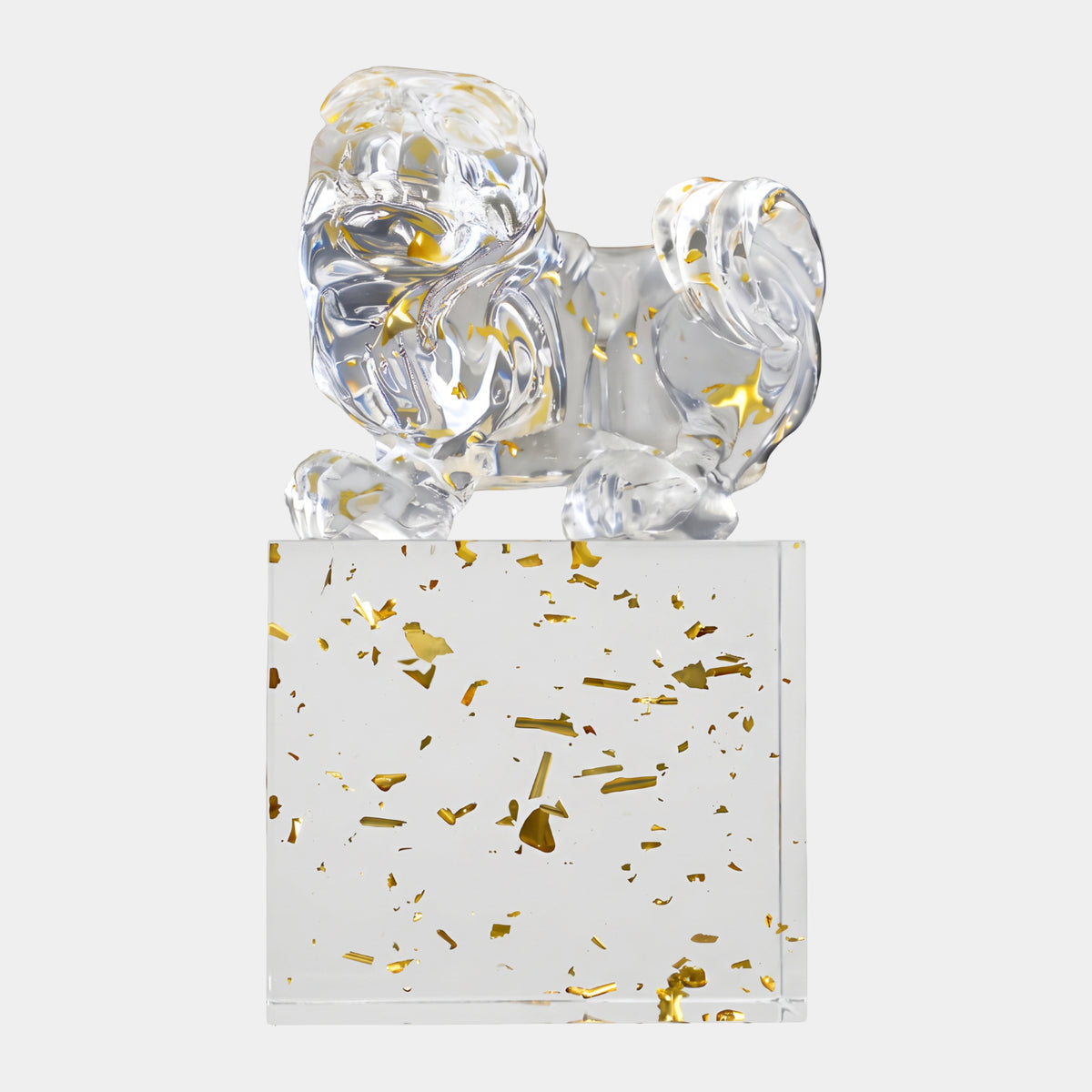 Clear Standing Dog on Gold-Flecked Resin Block - 29cm, a clear resin dog sculpture with gold leaf flakes, standing on a matching gold-flecked block, shown against a plain white background.