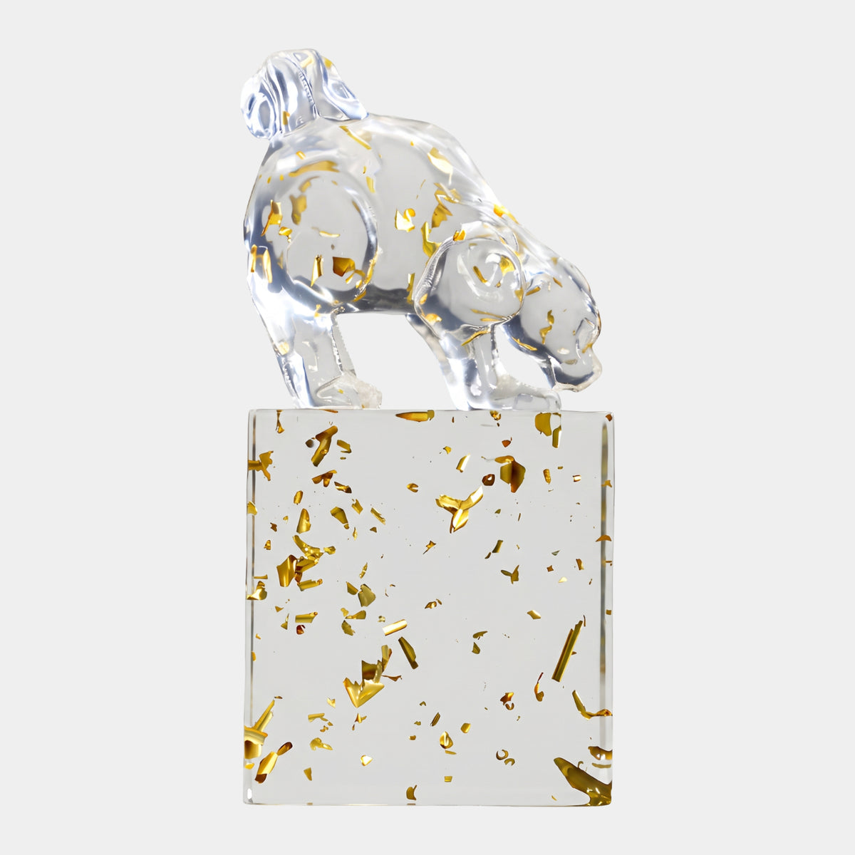 Clear Head-Down Dog on Gold-Flecked Resin Block, 29cm, dog figure with head lowered and gold flecks, set on a clear gold-flecked resin base, plain white background.