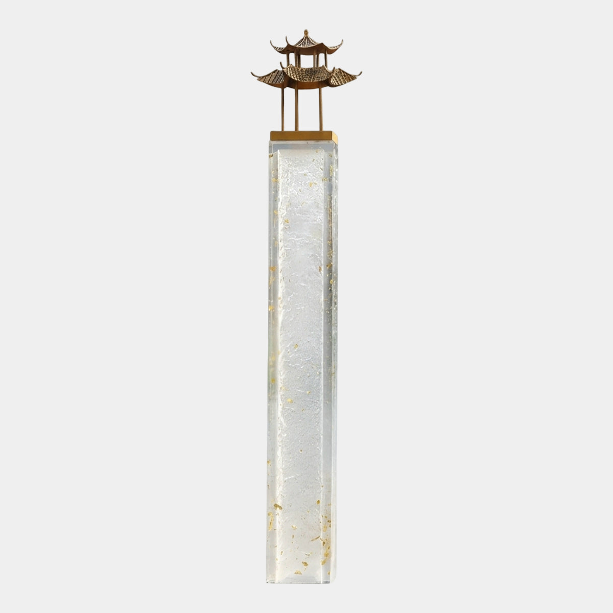 Clear Ice-Textured Resin Column with Gilt Pavilion, 180cm, featuring a faceted ice-like shaft with gold flecks topped by a gilded two-tier pavilion, shown on a plain white background.