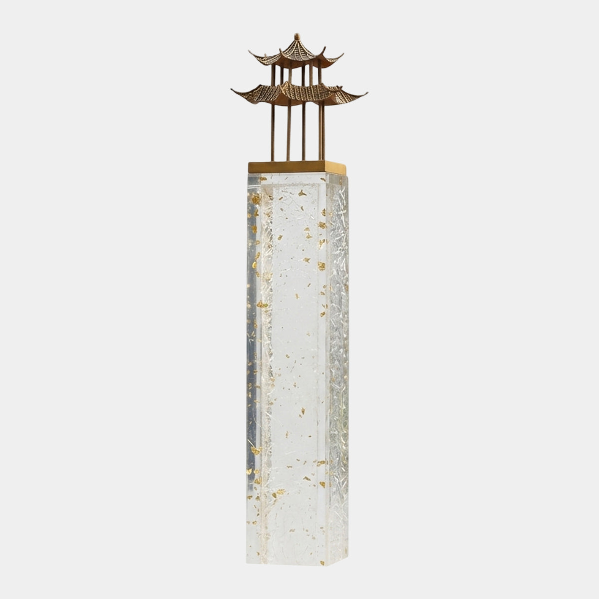 Clear Gold-Flecked Column with a Two-Tier Gilt Pavilion Resin Sculpture - 120cm