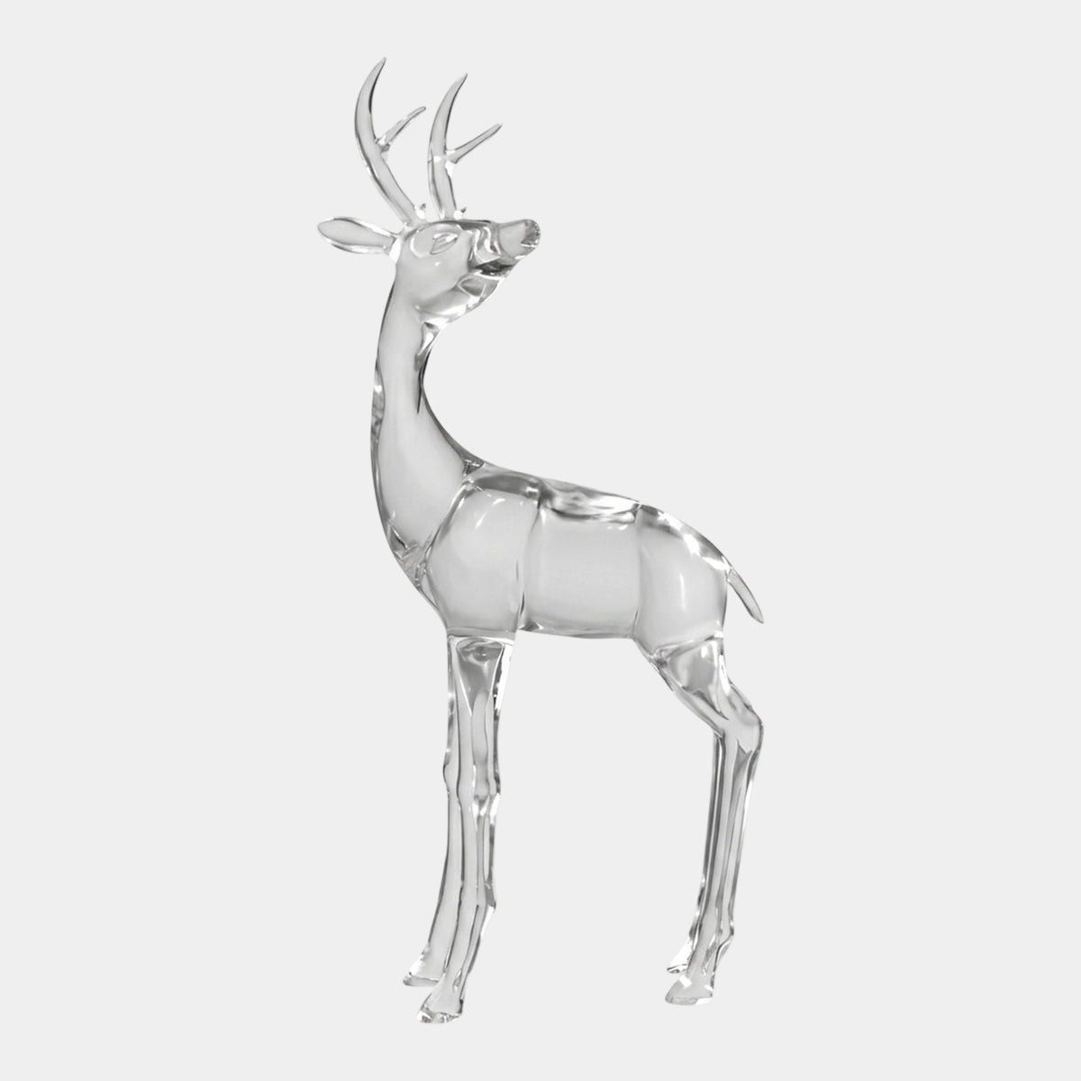 Clear Alert Standing Stag Cast Resin Sculpture, 141cm, with head raised and turned, glossy clear finish, on a plain light grey background.