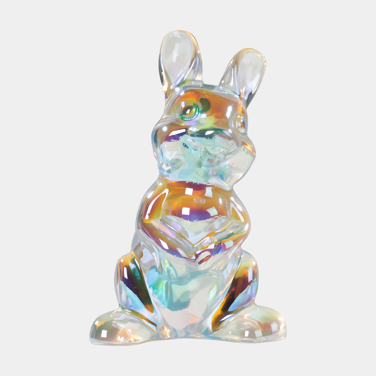 Multi-Colour Iridescent Upright Rabbit Resin Sculpture - 20cm, seated upright with raised ears and iridescent amber, violet, and green finish, on a plain white background.