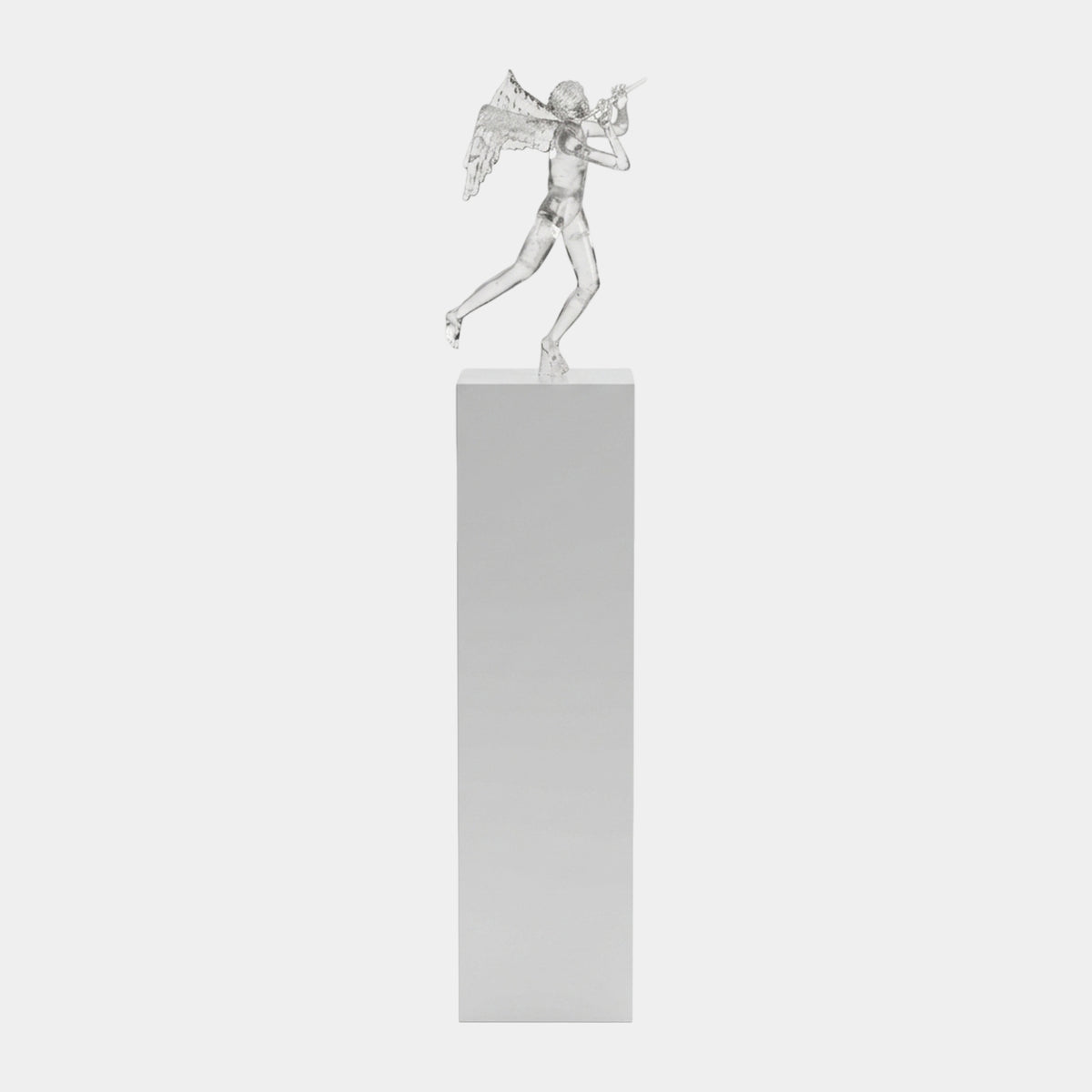 Clear Horn-Blowing Winged Figure on Plinth, 160cm, by Giant Sculptures, striding figure with raised wings on a tall white plinth against a plain background.
