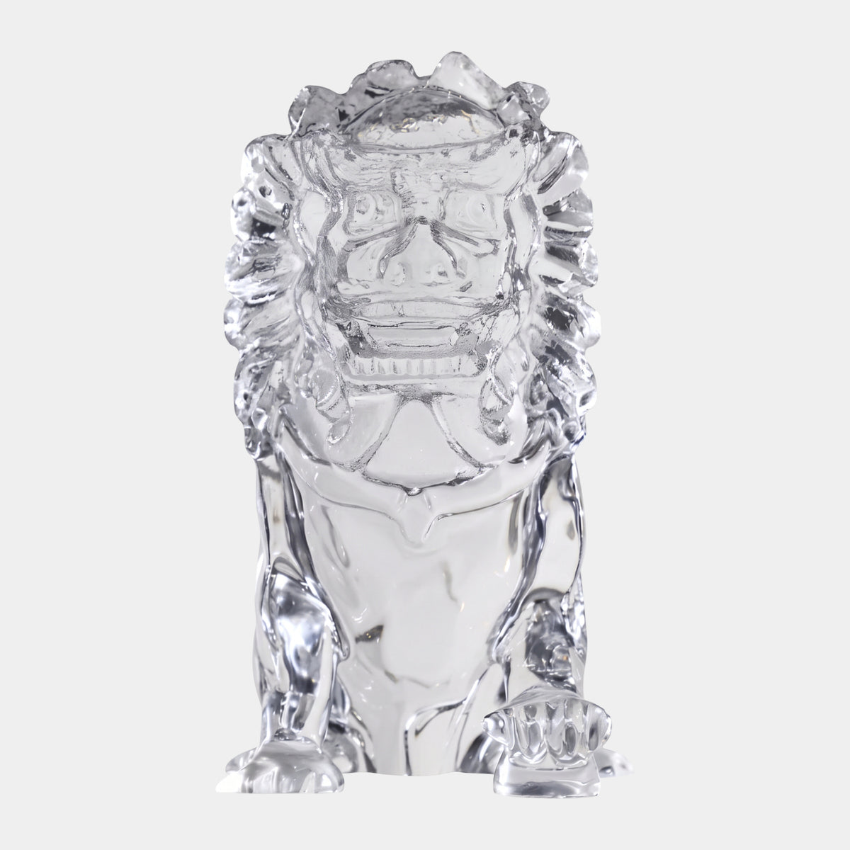 Clear Front-Facing Guardian Lion Resin Sculpture, 30cm, shown facing forward with curled mane and open mouth on a plain white background.