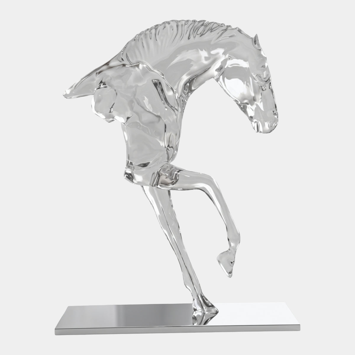 Clear Lowered-Head Horse Forequarters Resin Sculpture, 122cm, showing the lowered head and forelegs on a stainless steel base against a plain white background.