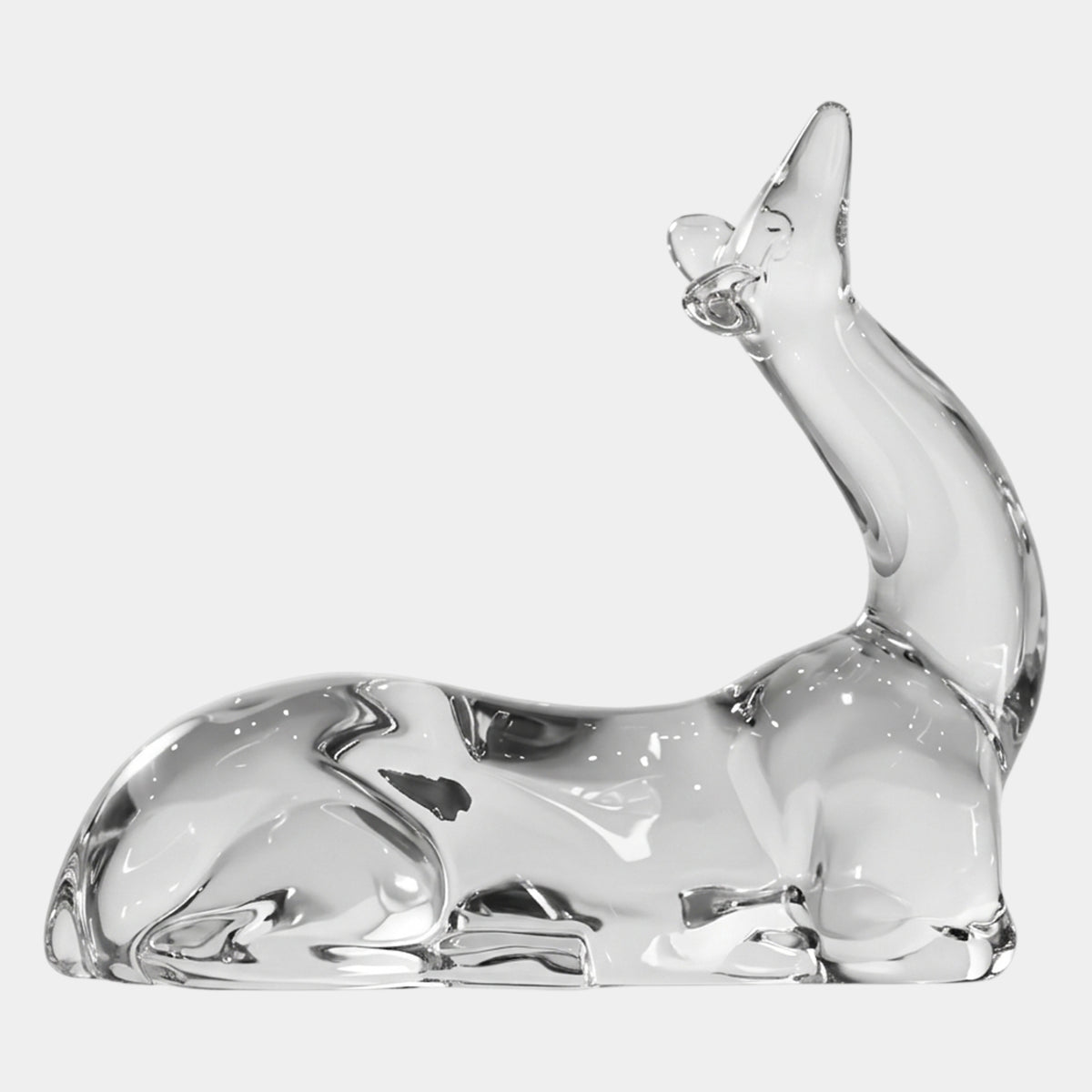 Clear Fawn Lying With Head Back Resin Sculpture - 60cm, legs folded with muzzle tilted back and throat exposed, polished clear finish on a plain white background.