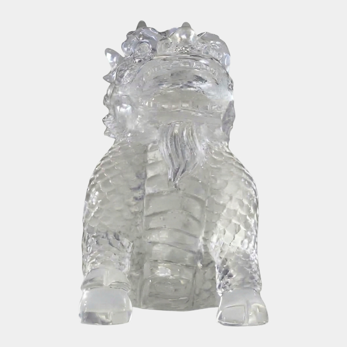 Clear Scaled Seated Dragon Cast Resin Sculpture, 46cm, front view with horns, beard, and scaled body, polished colourless finish, plain white background.