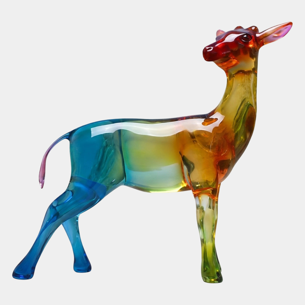 Multi-Colour Graded Standing Doe Resin Sculpture, 66cm, mid-stride pose with head turned back, blending red, amber, green and blue tones, on a plain white background.