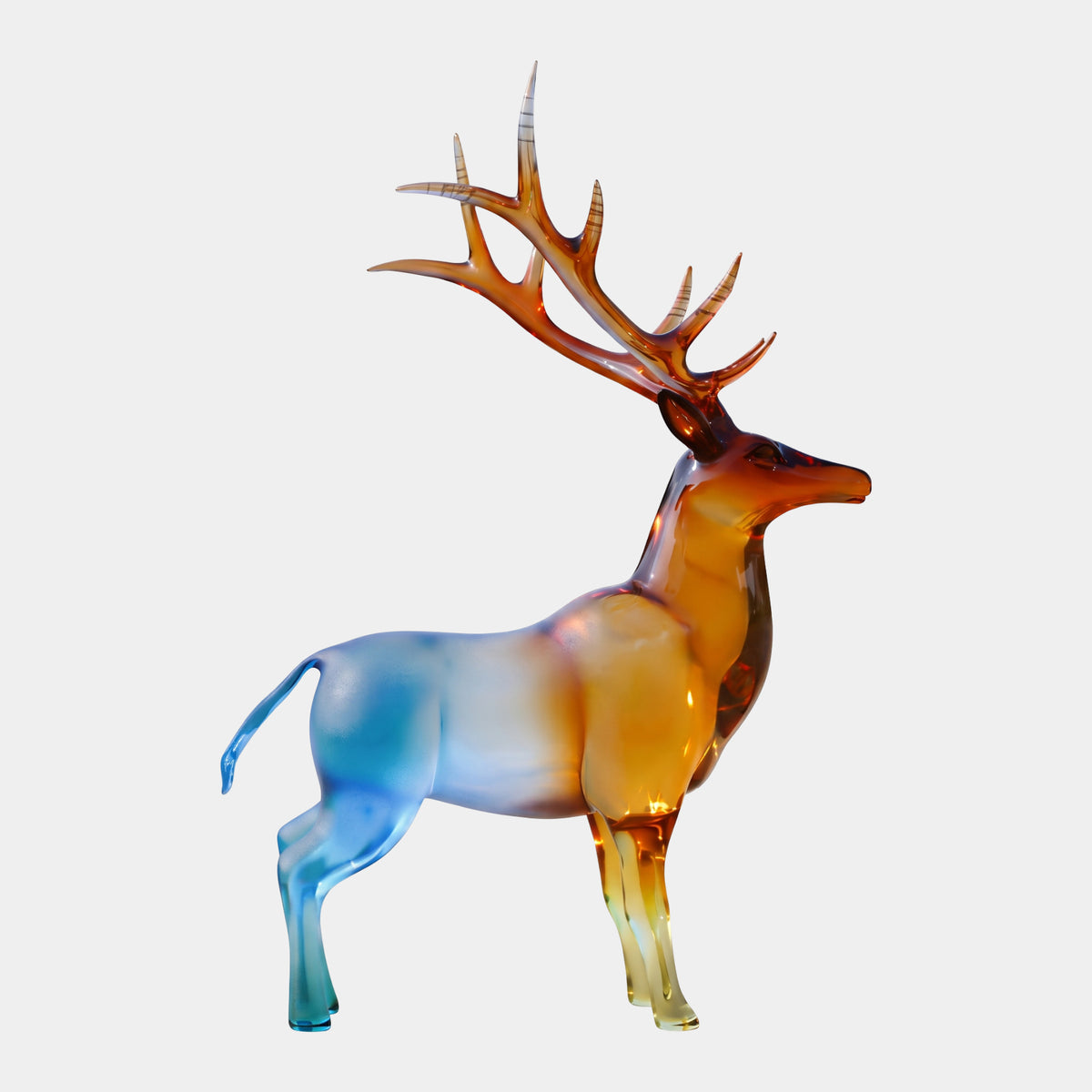 Multi-Colour Graded Wide-Racked Stag Resin Sculpture, 122cm, with wide branching antlers, amber head and chest fading to blue hindquarters, on a plain white background.