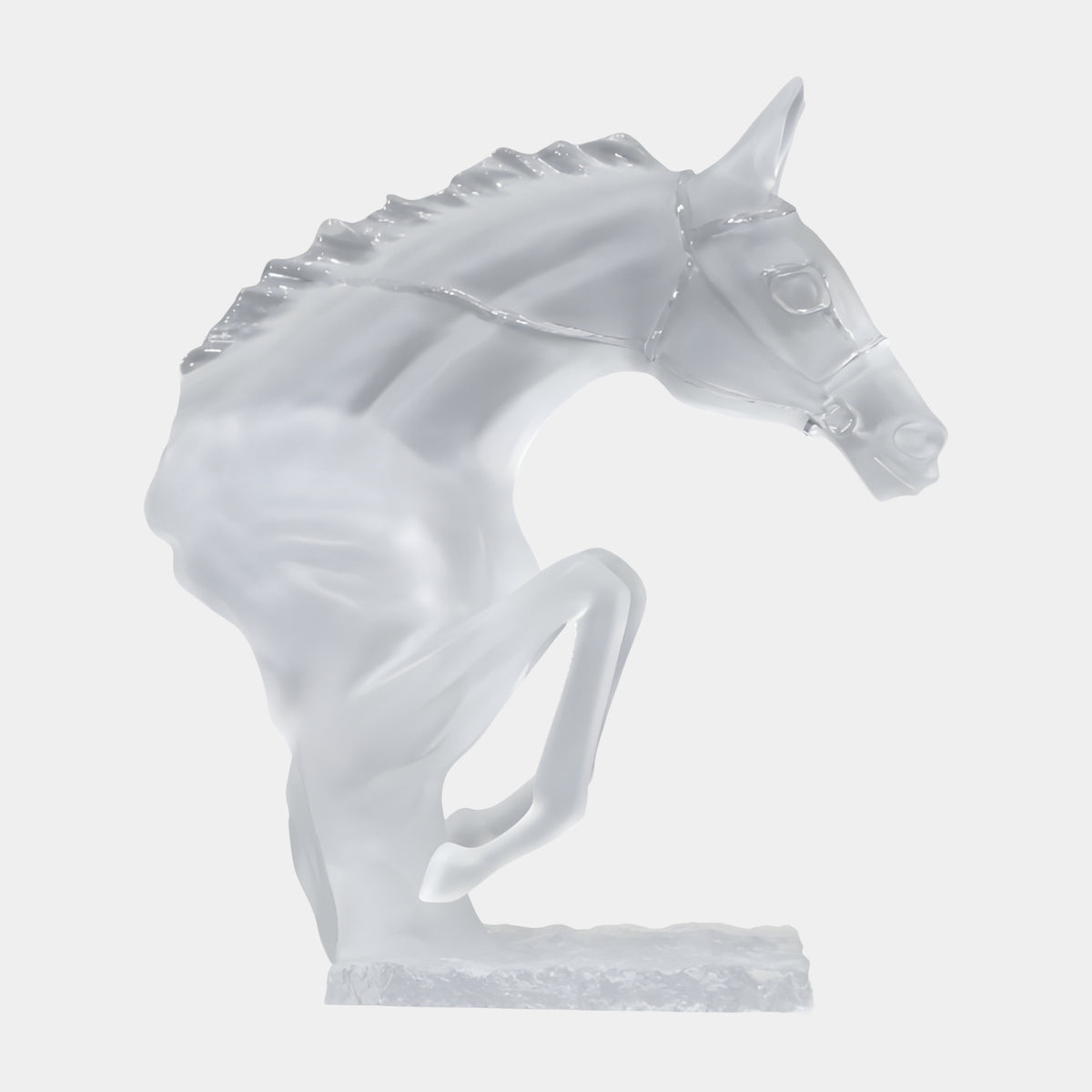 Frosted Bridled Horse Head Cast Resin Sculpture, 49cm, with raised foreleg and clear polished bridle details, shown on a plain white background.