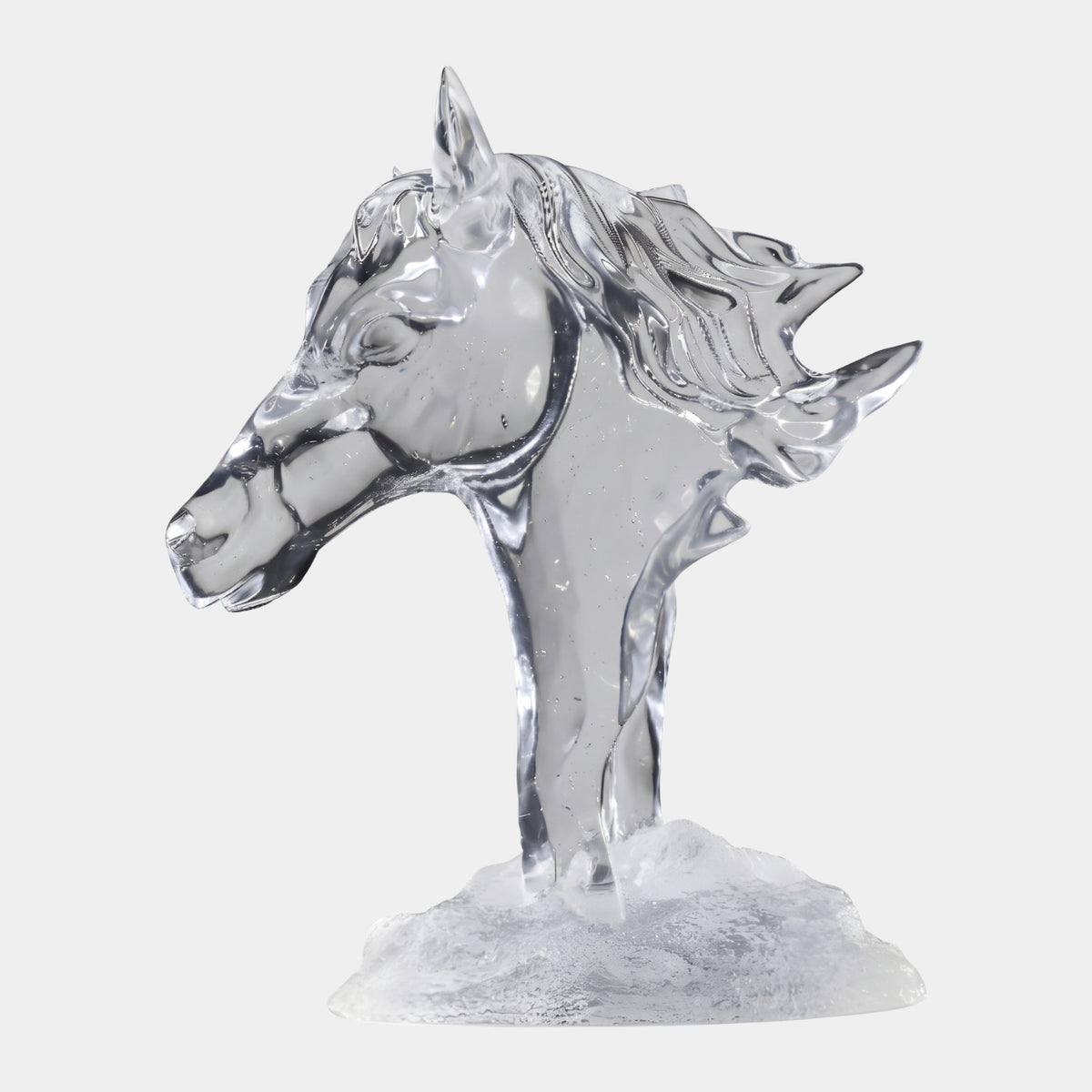 Clear Horse Head with Flowing Mane on Ice - 68cm, clear resin sculpture in profile with streaming mane on a broken ice base, Giant Sculptures, light background.