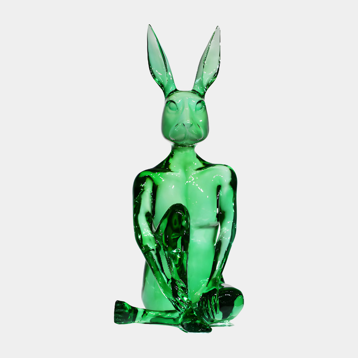 Green Seated Rabbit-Headed Figure Resin Sculpture, 80cm, with human torso, tall upright ears, hands resting in lap, legs folded on the ground, shown against a plain white background.