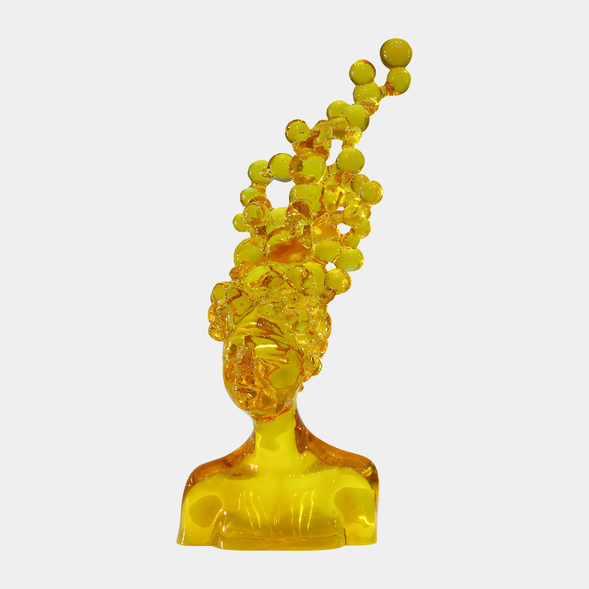 Yellow Bust with Sphere-Cluster Hair Resin Sculpture - 67cm, translucent yellow resin bust with hair breaking into rising spheres, shown on a plain white background.