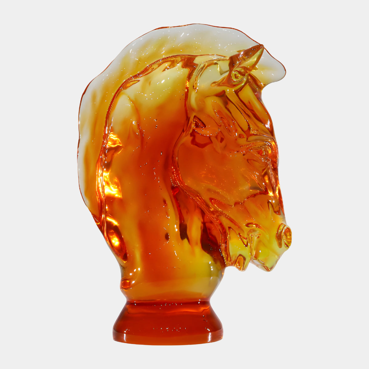 Amber Graded Horse Head Cast Resin Sculpture, 50cm, showing a downturned profile with a sweeping pale-crested mane, deep marmalade neck, and turned foot base, on a plain white background.