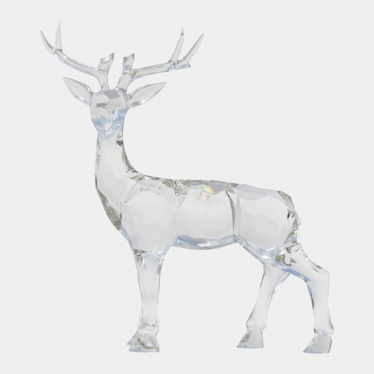 Clear Faceted Stag Cast Resin Sculpture - 130cm, a standing deer with faceted body and smooth antlers, shown against a plain white background.