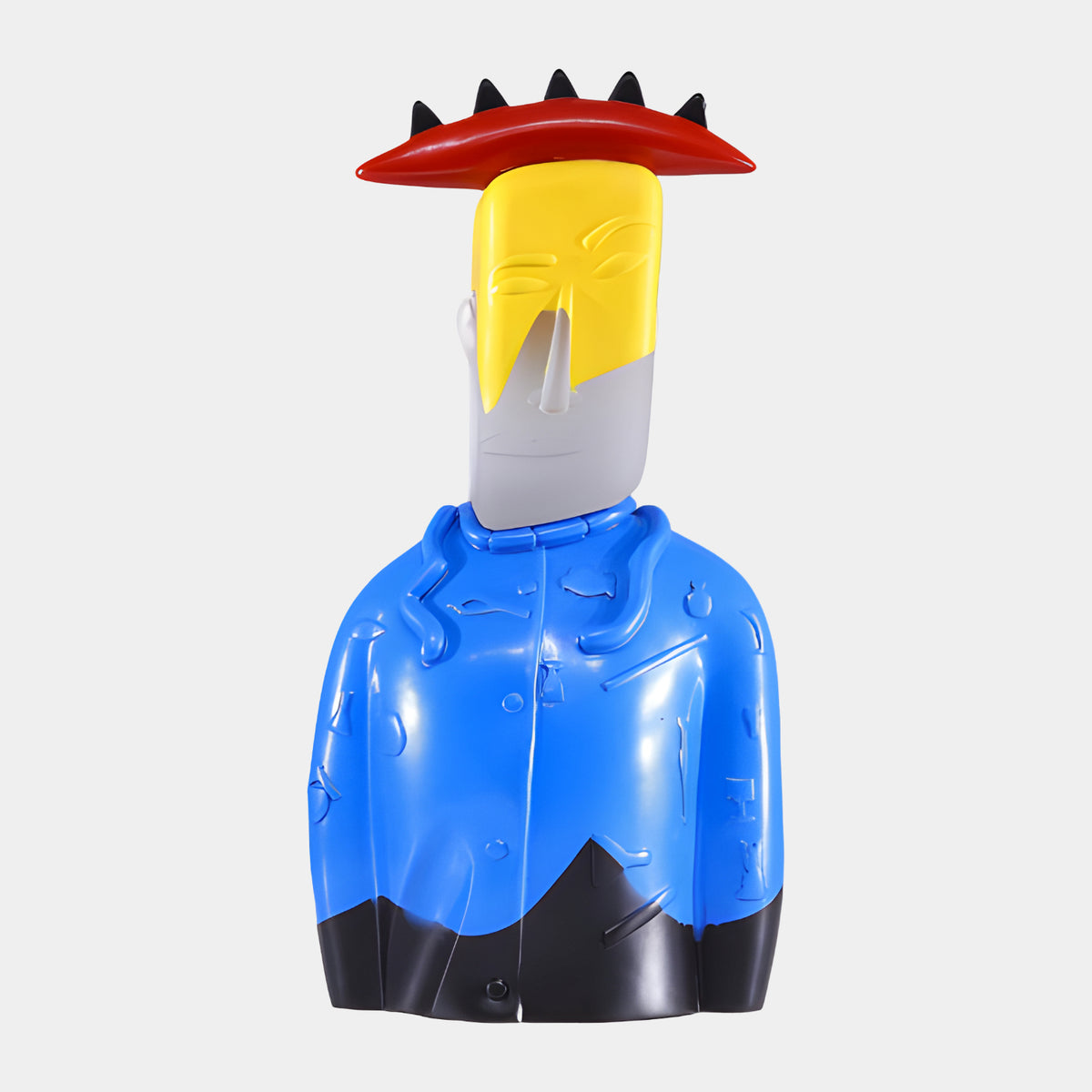 Multi-Colour Iconify Masked Resin Bust - 40cm with blue jacket, yellow eye-slit mask, and red spiked brim, shown on a plain white background.