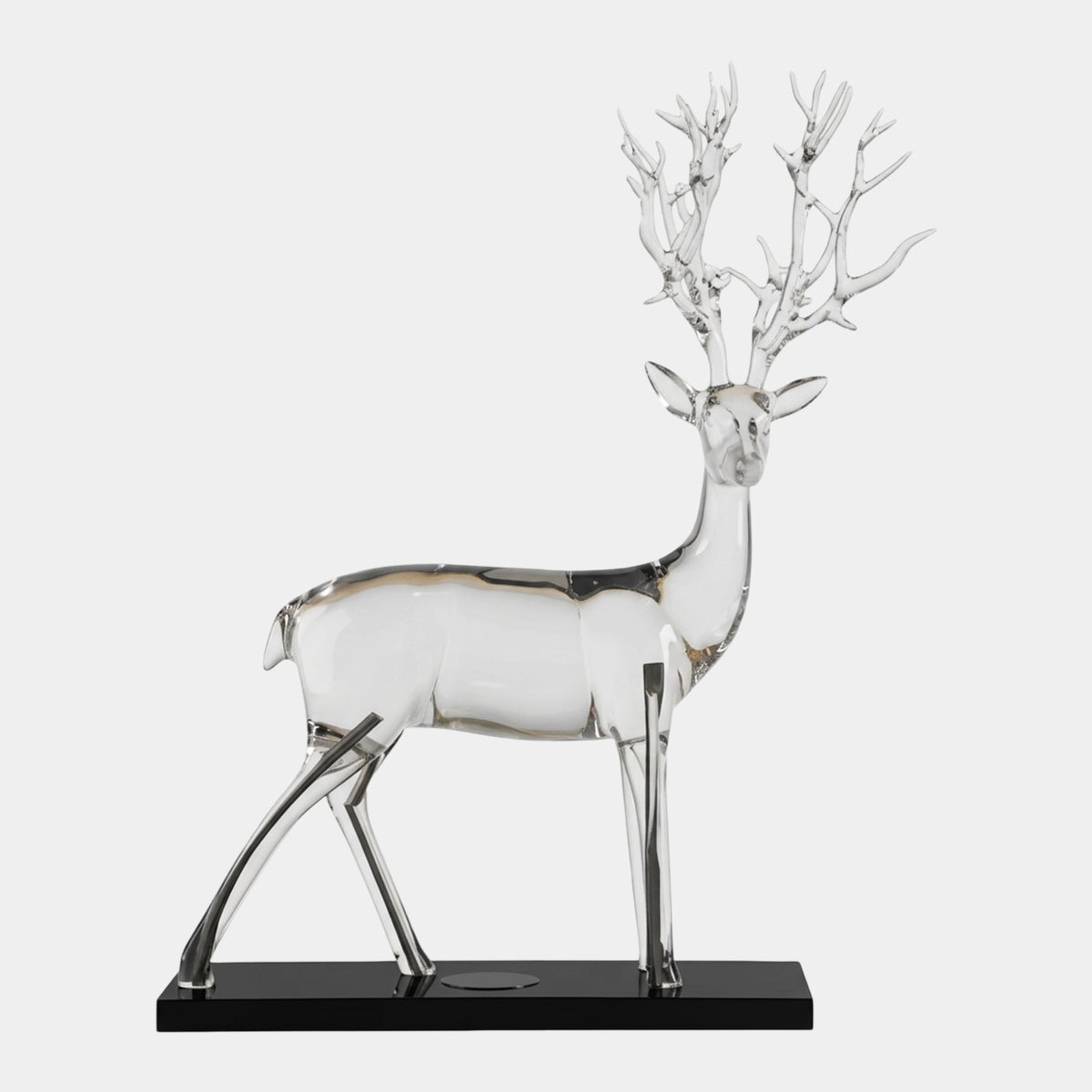 Clear Walking Stag on a Black Base - 150cm, a clear polished resin sculpture mid-stride with antlers raised, set on a black rectangular base against a plain white background.