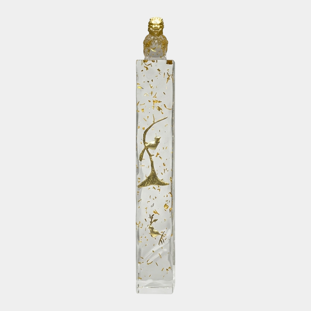 Clear Gold-Flecked Guardian Lion on a Bird Relief Column - 92cm