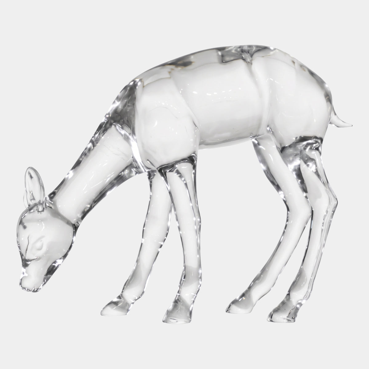 Clear Grazing Hind Cast Resin Sculpture - 56cm, side view with head lowered to the ground, smooth clear polished finish, on a plain white background.