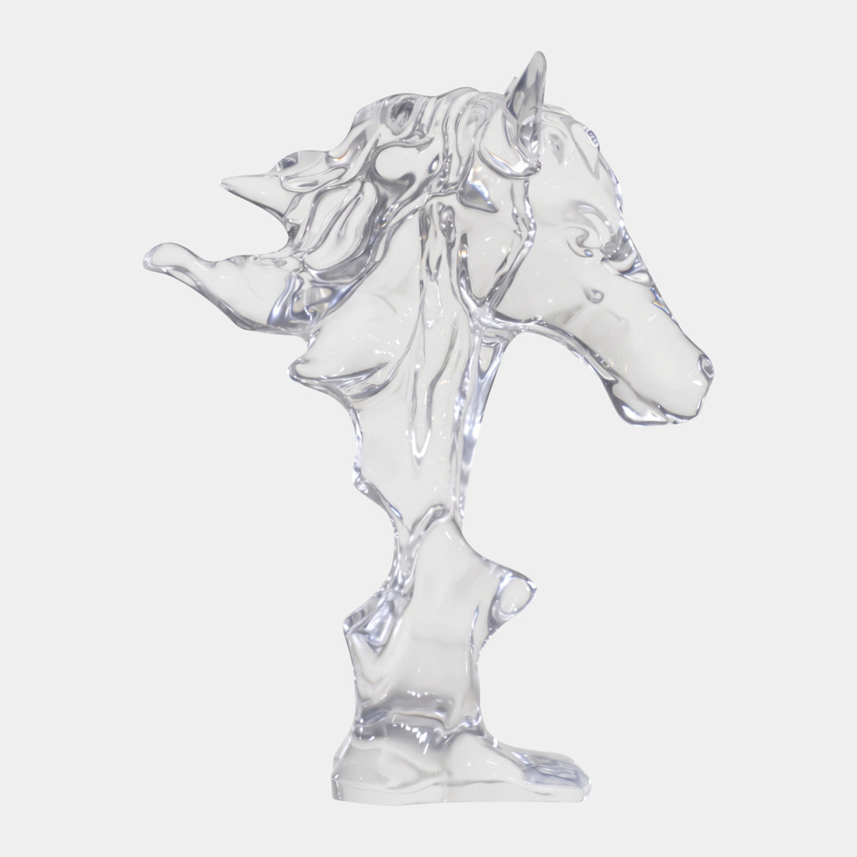 Clear Horse Head on a Cut Stem - 70cm, a clear resin sculpture with flowing mane detail set on a narrow stem and small base, shown against a plain white background.