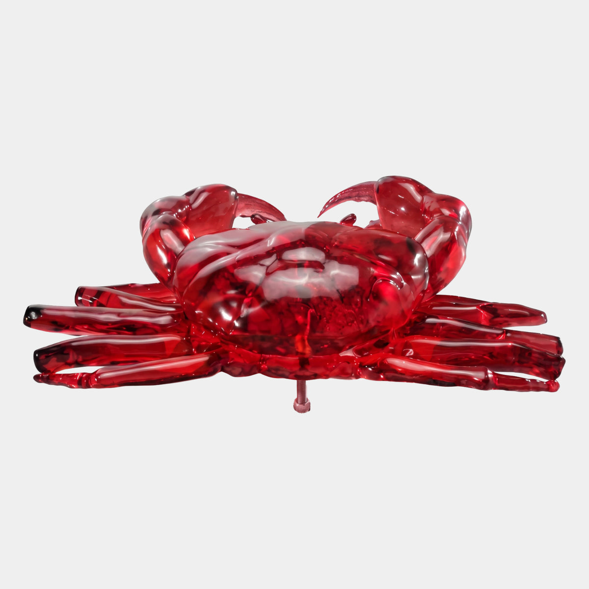 Red Raised-Claw Crab Cast Resin Sculpture, 90cm, front view with raised pincers and spread jointed legs in translucent red, on a plain white background.