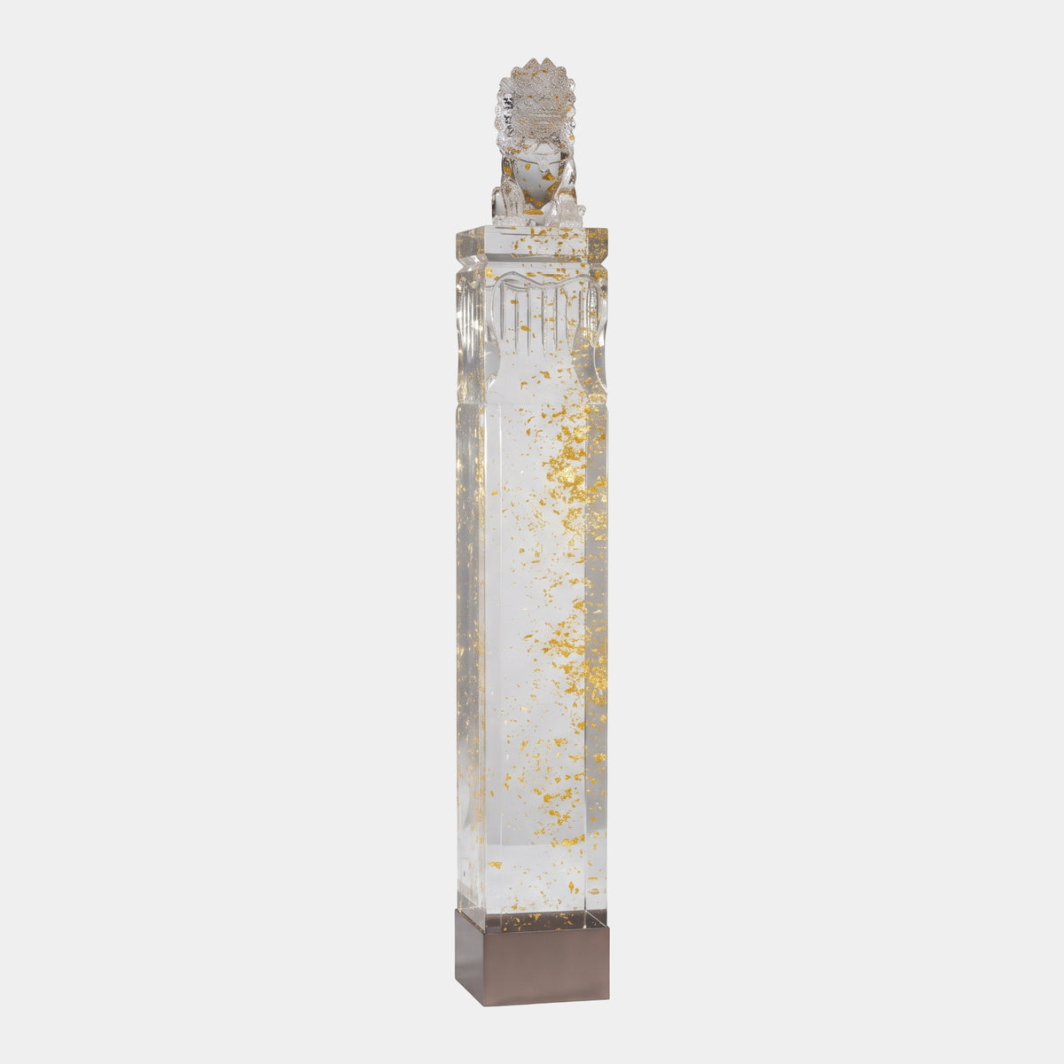 Clear Gold-Leaf Panel Column Resin Sculpture - 150cm with a carved scrolled panel and seated guardian lion on top, set on a dark base, shown on a plain white background.