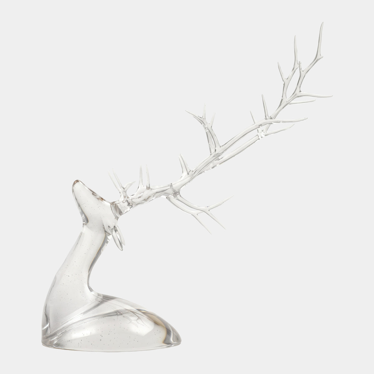 Clear Deer Head with a Swept Antler Rack, 120cm, a clear resin sculpture with a long diagonal multi-tine antler rack on a teardrop base, shown on a plain white background.