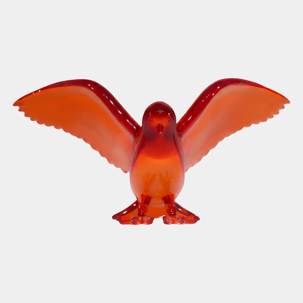 Red Open-Winged Bird Cast Resin Sculpture, 28cm, translucent red resin bird with wings spread wide and scalloped edges, standing on its feet against a plain white background.