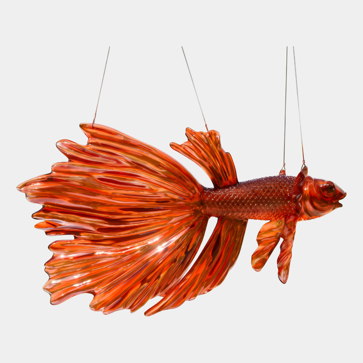 Red Hanging Fighting Fish Resin Sculpture, 120cm, translucent red fins with ridged texture, suspended by wires against a plain white background.