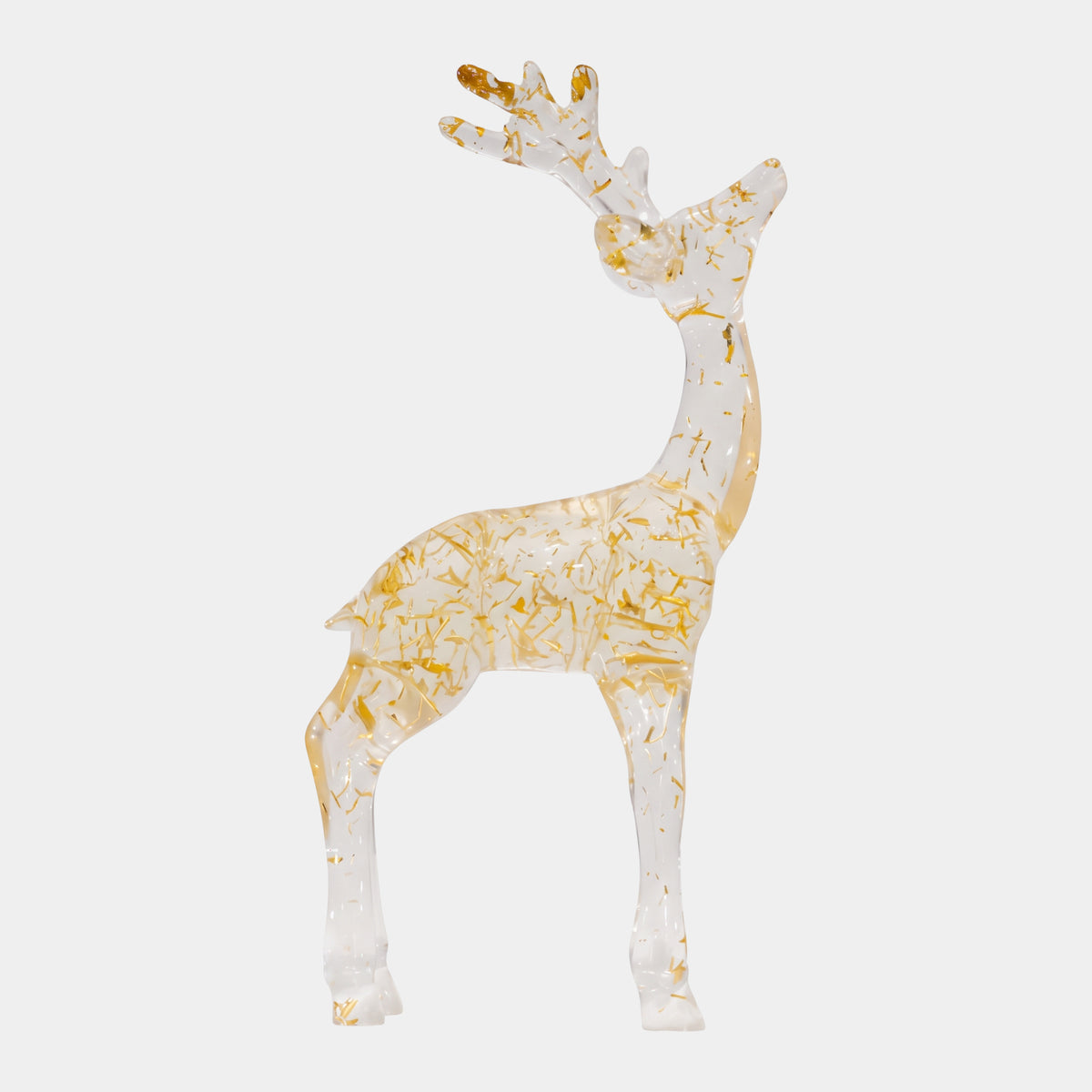 Clear Gold-Leaf Stag Cast Resin Sculpture (50cm) standing with head raised, gold leaf flakes suspended throughout the clear resin body, antlers, and legs, on a plain white background.