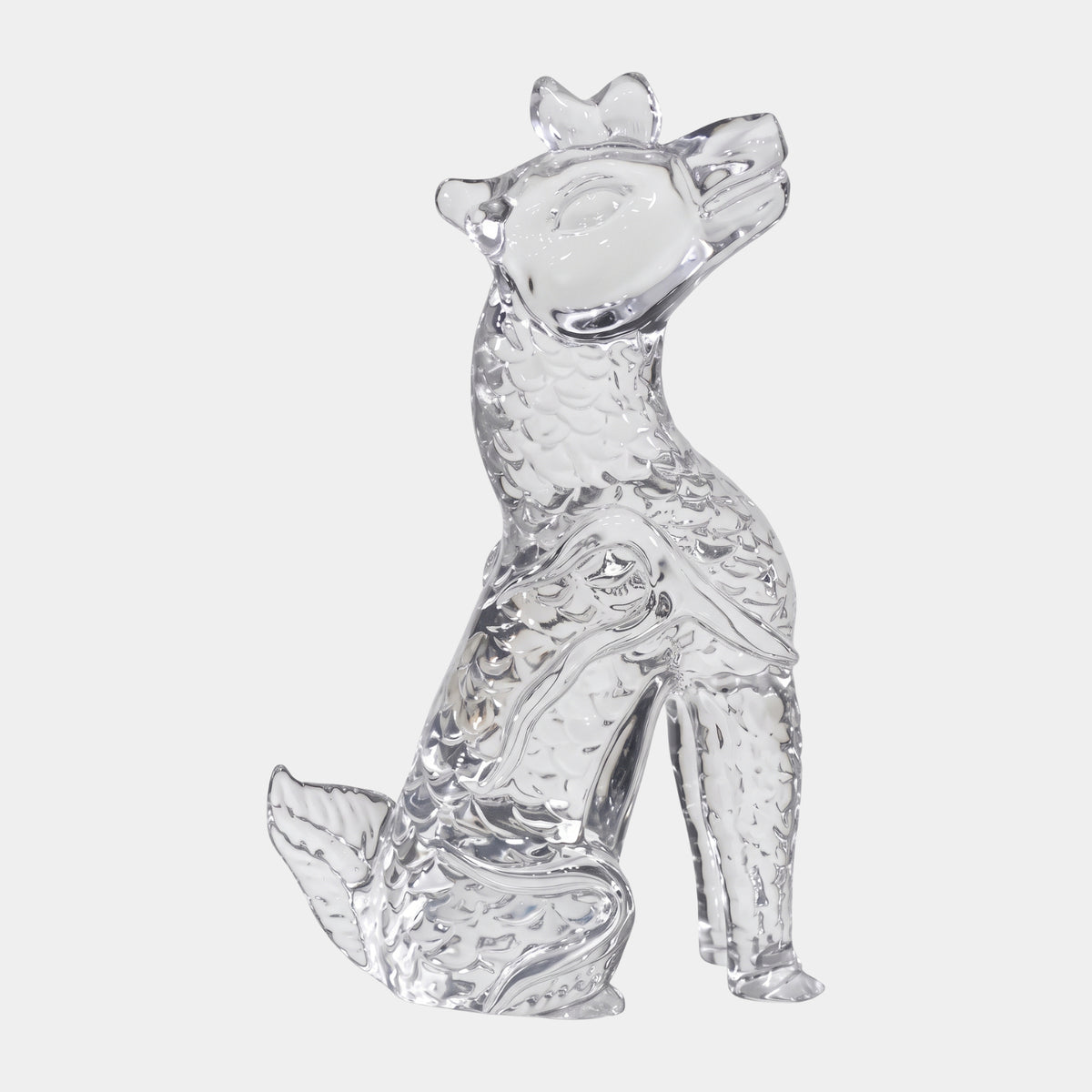 Clear Upright-Eared Beast Resin Sculpture - 27cm, seated upright with scaled body, raised head, and fanned tail, shown against a plain white background.
