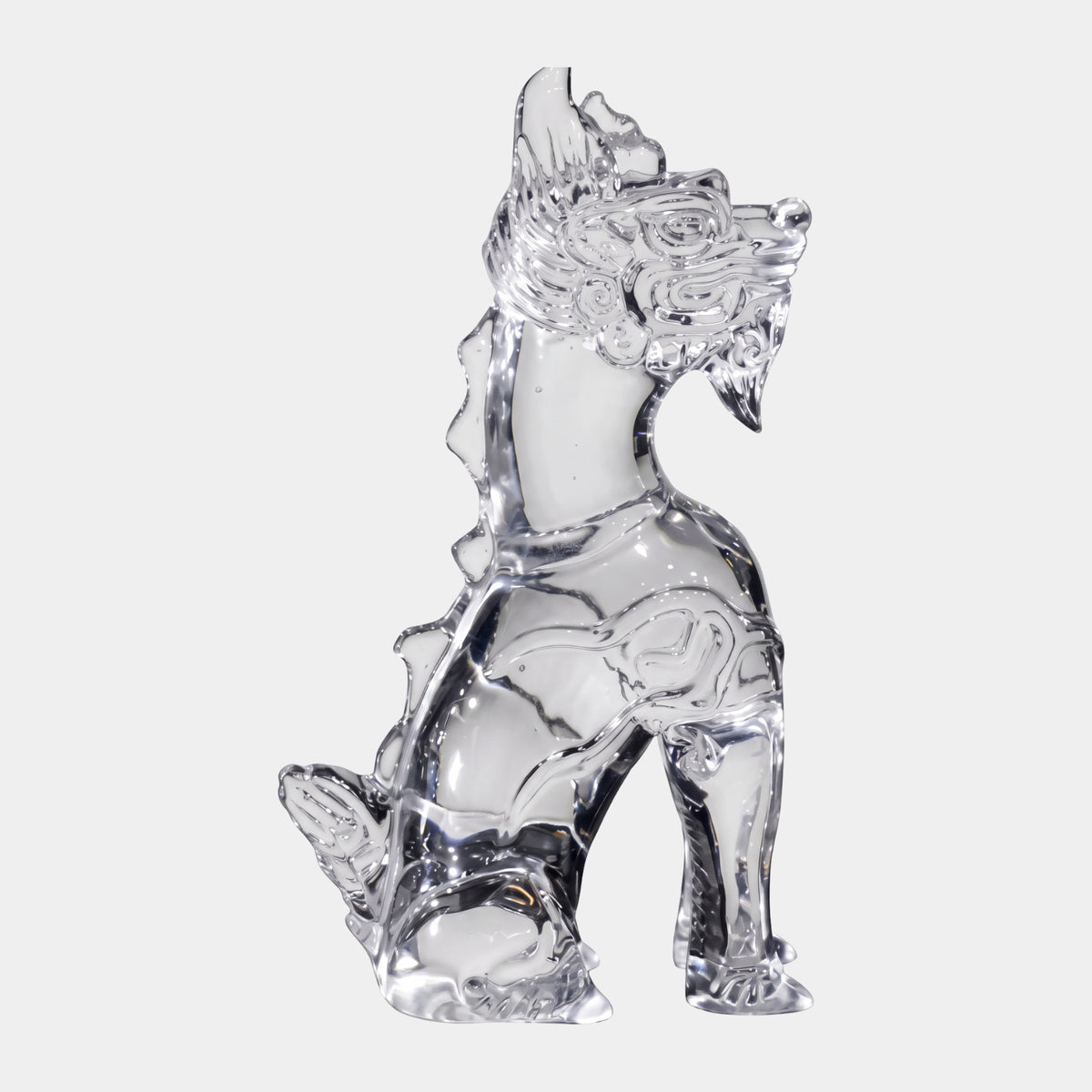 Clear Maned Beast Cast Resin Sculpture, 27cm, dragon-headed creature seated with curled mane and tail, shown on a plain white background.