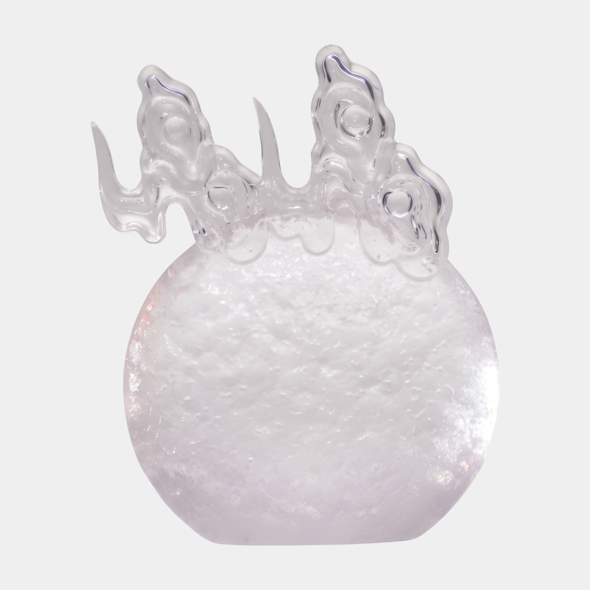 Frosted Moon resin sculpture with clear stylized cloud scrolls rising from its upper edge, shown on a plain white background, from Giant Sculptures' Red Graduated Moon & Robed Figure collection, 30/40cm.