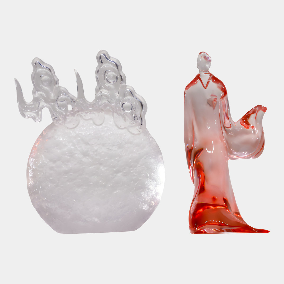 Red Graduated Moon & Robed Figure Resin Sculpture, 30/40cm, showing a frosted clear moon disc with cloud scrolls beside a red-to-clear robed figure with trailing sleeve, on a plain white background.