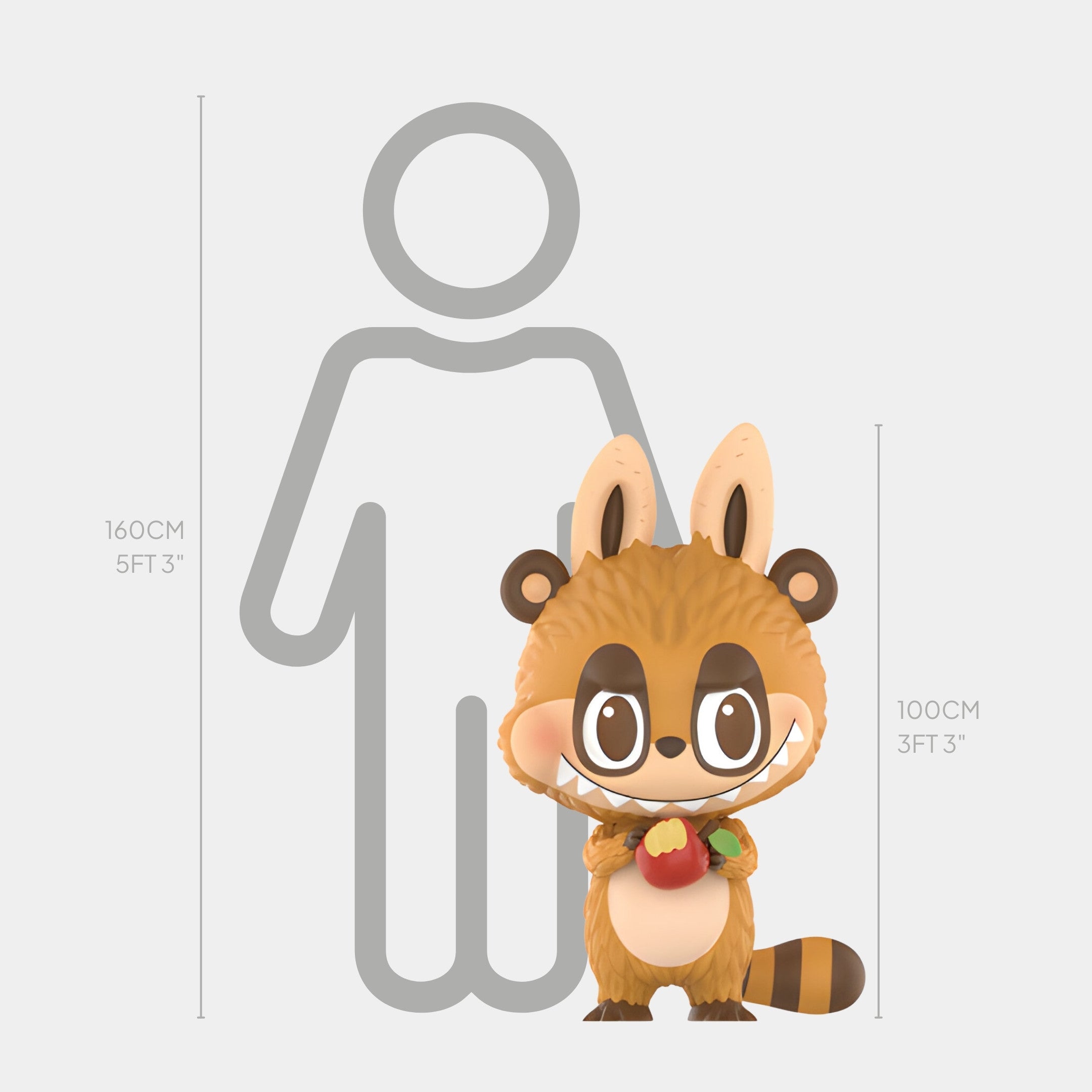 The Giant Sculptures Animal Raccoon Labubu Sculpture (100cm) features a cartoon raccoon holding an apple beside a height chart, with a 160cm human outline for scale, creating the feel of a whimsical woodland tale.