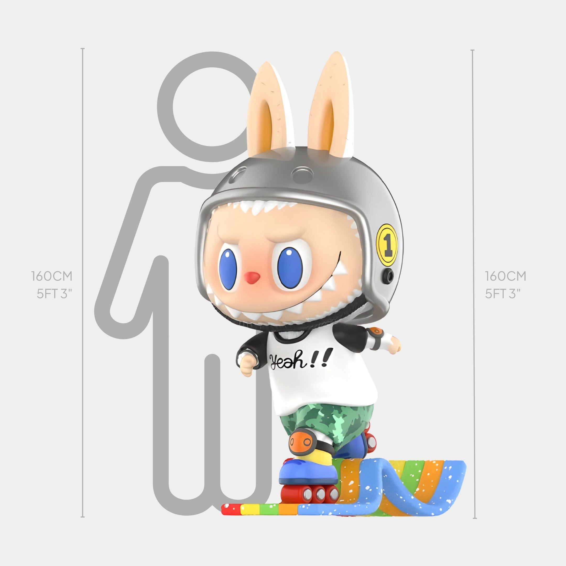 Inspired by the limited-edition Rainbow Candy Labubu Sculpture - 160cm from Giant Sculptures, this cute fibreglass figure with bunny ears, helmet, and “Yeah!!” shirt rides a skateboard ramp next to a height chart and human silhouette.