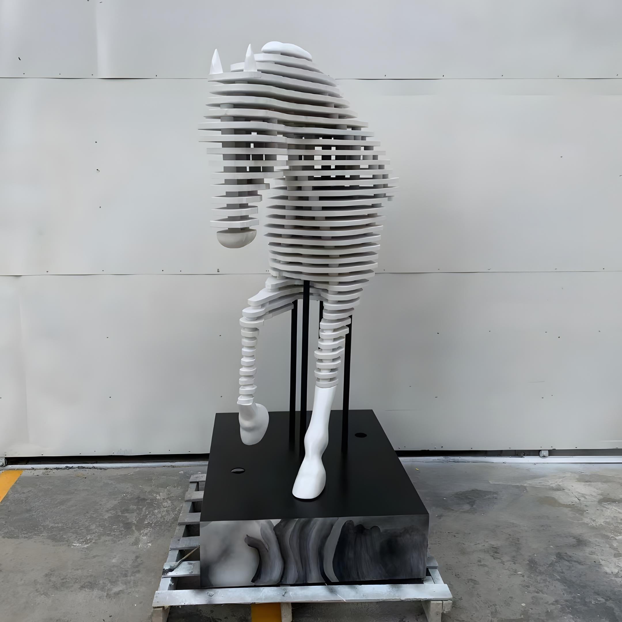 The 160cm Rising Stallion White Wood Horse Sculpture photographed in the workshop against a pale wall, showing the full standing height of the layered white wood form on its plinth.