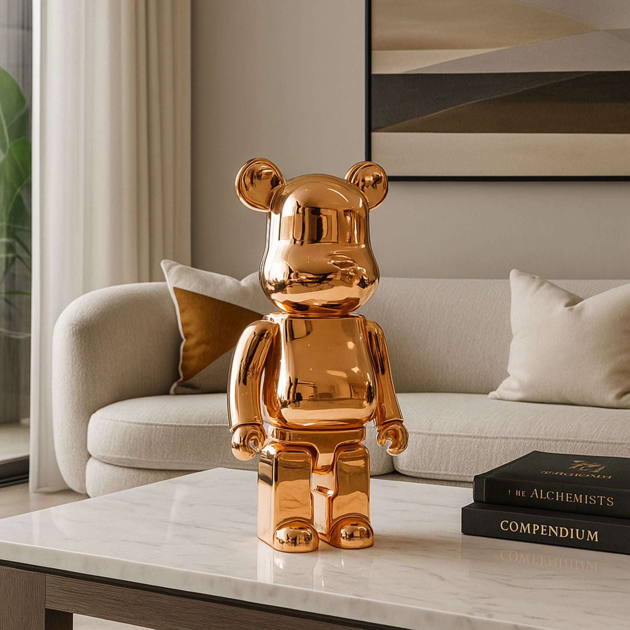 Rose Gold Bear Sculpture - 50cm in reflective rose gold resin, standing on a marble coffee table in a living room with a beige sofa and framed wall art.