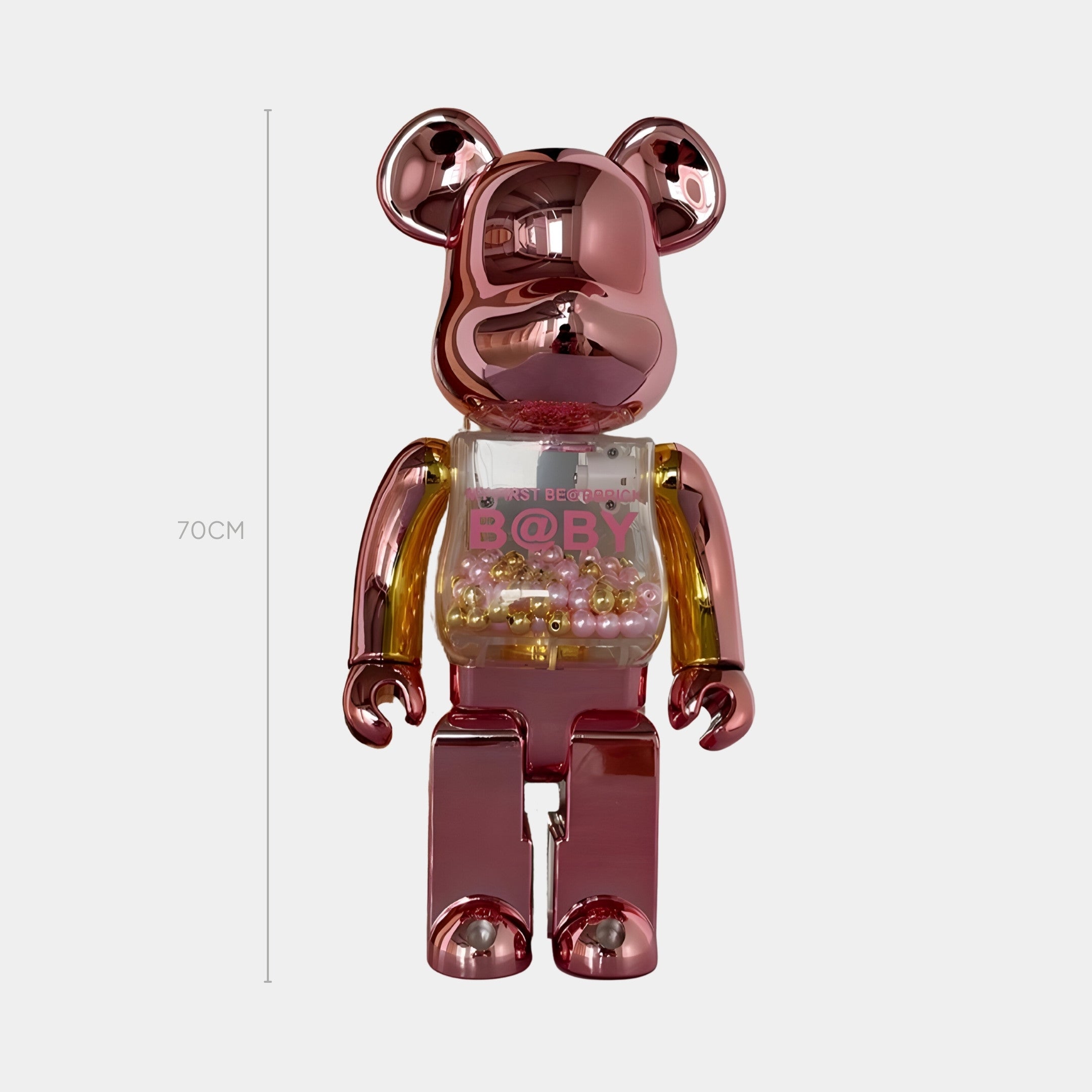 The Giant Sculptures Rose Gold Beads Bear Sculpture - 70cm features a shiny metallic pink finish, transparent bead-filled chest, and stands upright against a plain white background. The figure is labeled BOBY.