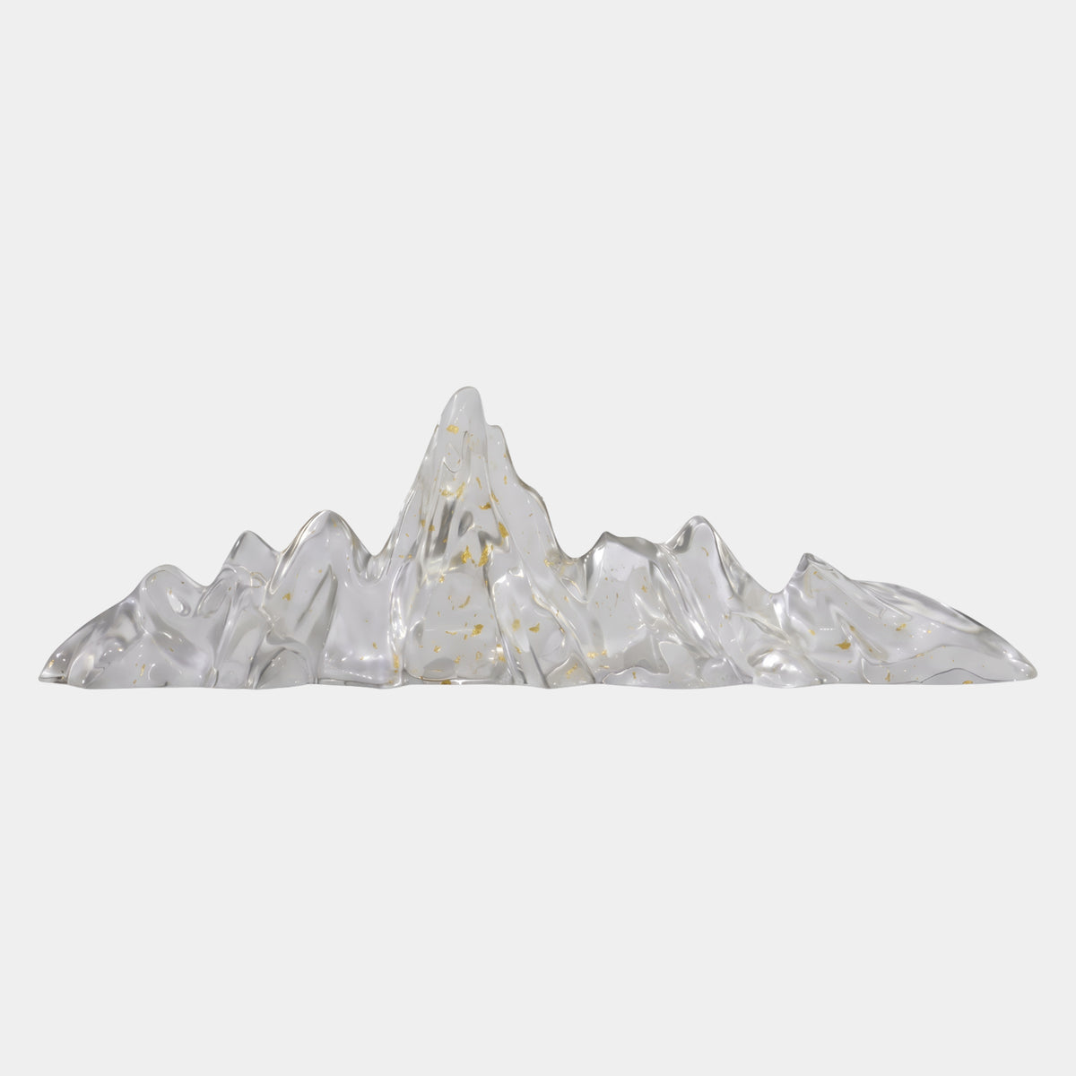 Clear Gold Fleck Mountain Range Resin Sculpture - 85cm by Giant Sculptures, jagged peaks with gold leaf flecks suspended throughout, set against a plain white background.