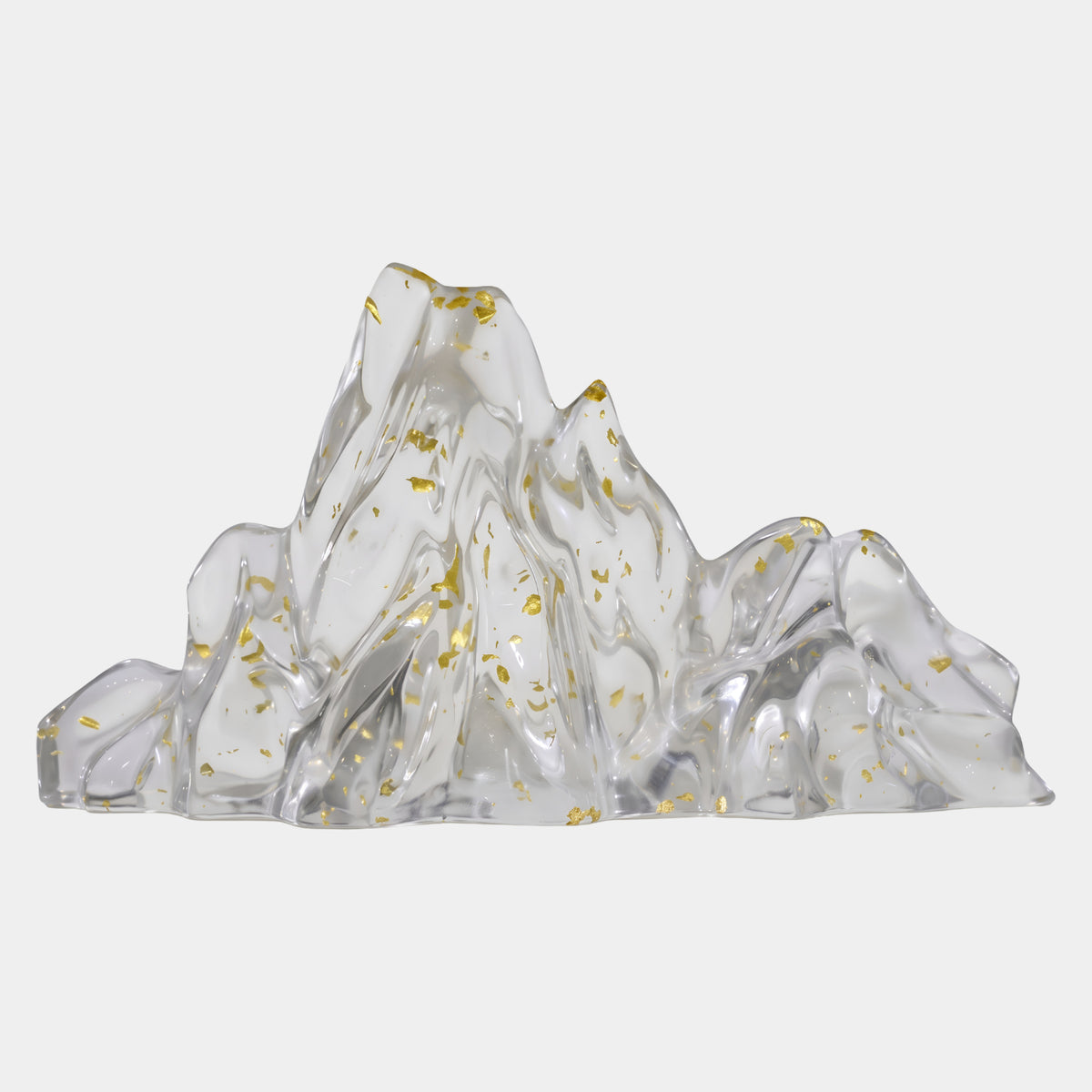 Clear Gold Flecked Mountain Massif Resin Sculpture, 63cm, jagged mountain peaks in clear resin with gold leaf flecks throughout, shown on a plain white background.