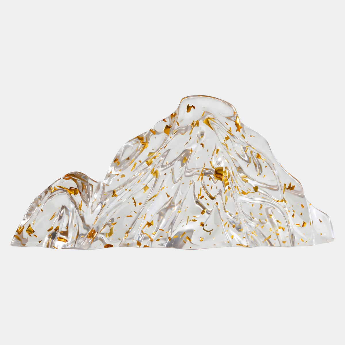 Clear Gold Fleck Low Mountain Range Resin Sculpture, 53cm, a three-peaked ridge in clear resin with gold leaf flecks, shown baseless on a plain white background.