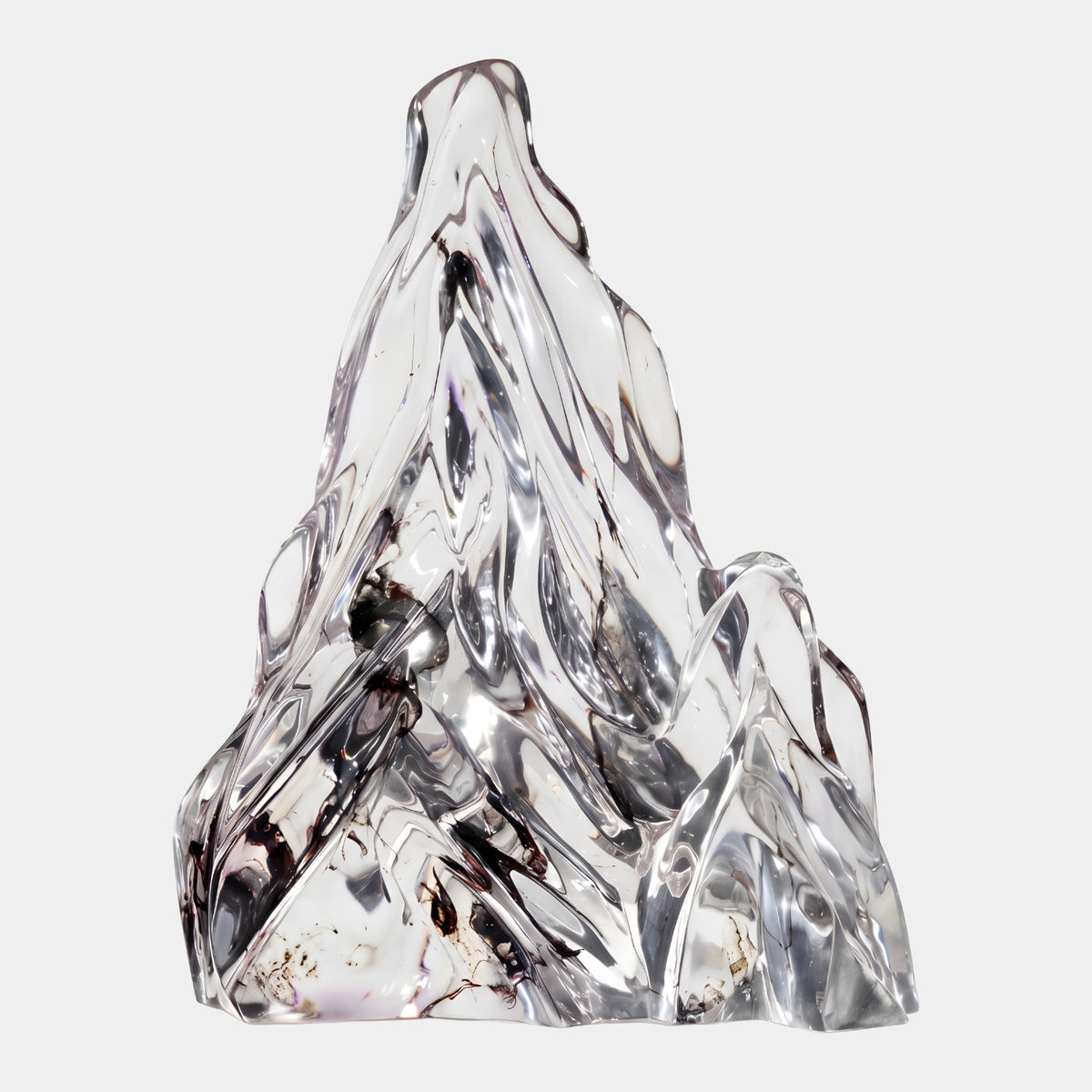 Clear Tower Peak Mountain Cast Resin Sculpture - 72cm, a tower-shaped mountain peak with dark brown wisps through clear resin, shown on a plain white background.