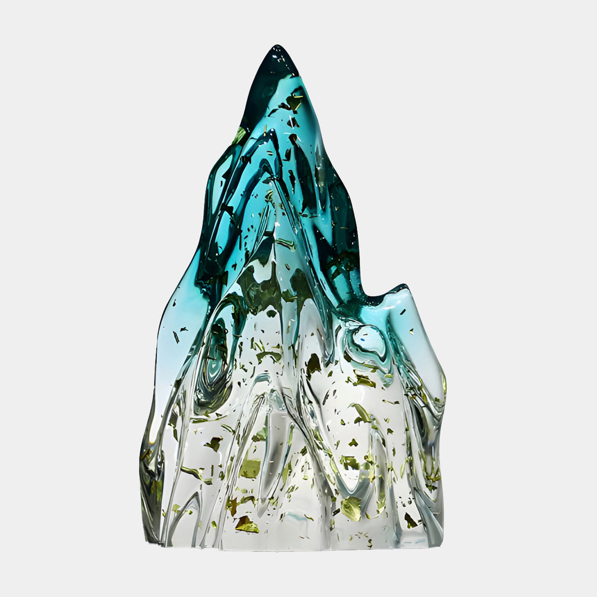 Teal Gold Fleck Upright Mountain Resin Sculpture, 40cm, with color fading from deep teal at the peak to clear resin with gold flecks at the base, on a plain white background.