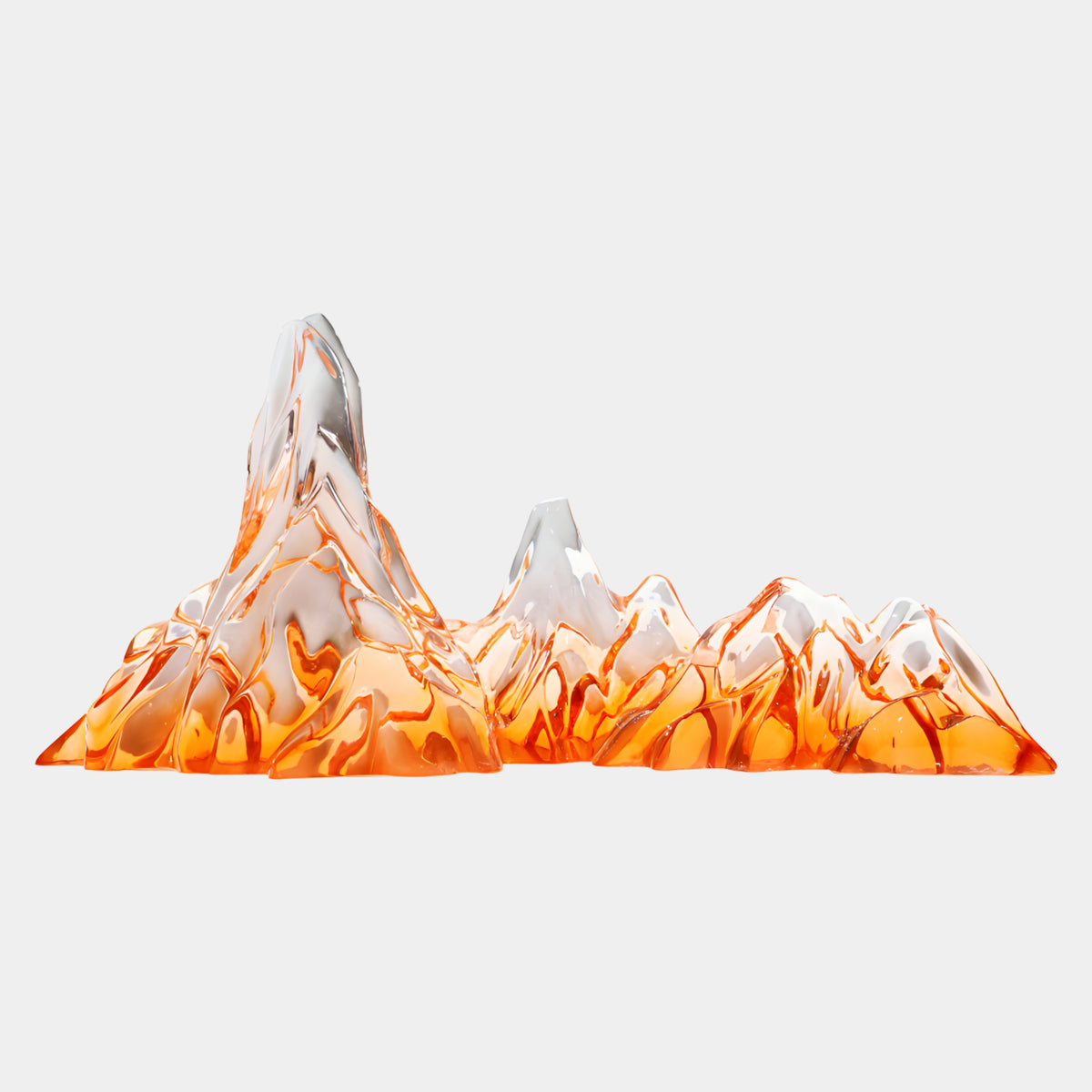 Orange Graded Five Summit Mountain Range Resin Sculpture, 120cm, clear resin peaks fading from orange at the base, no stand, on a plain white background.
