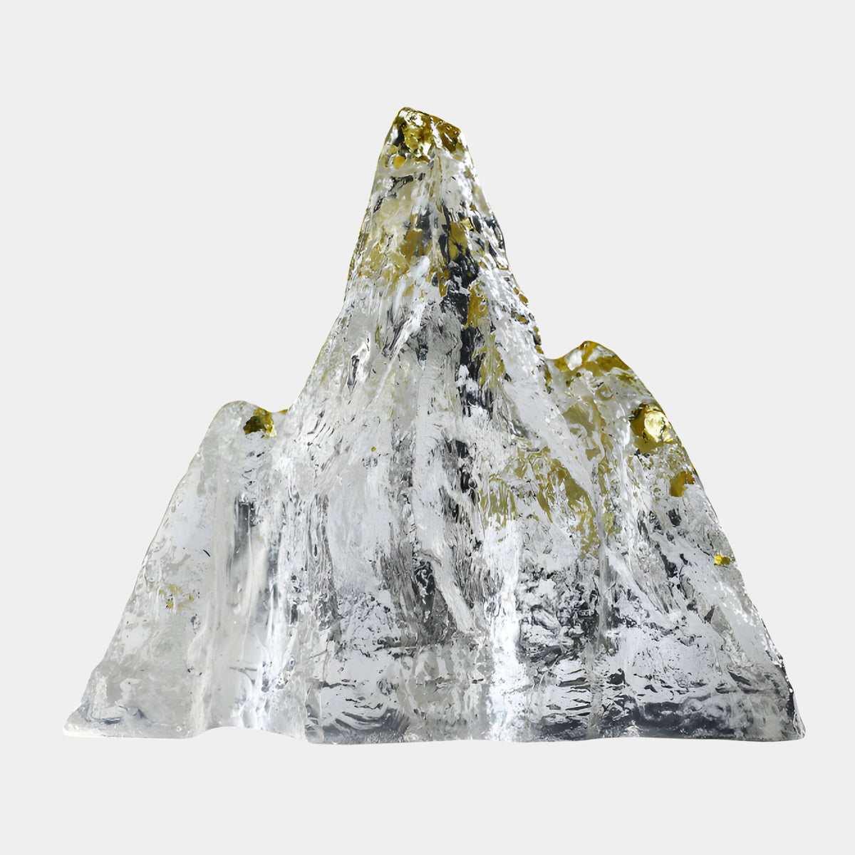 Clear Frosted Gold Fleck Mountain Resin Sculpture - 22cm, a jagged peak with frosted clear resin and gold fleck accents, shown on a plain white background.